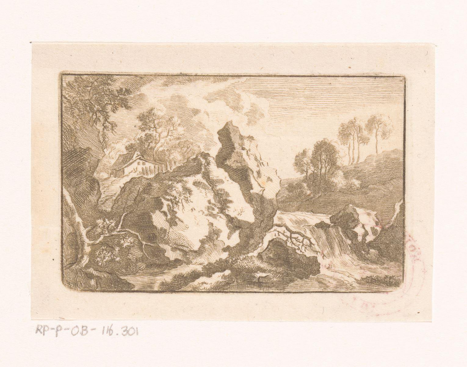 Rotsachtig landschap met waterval en hut