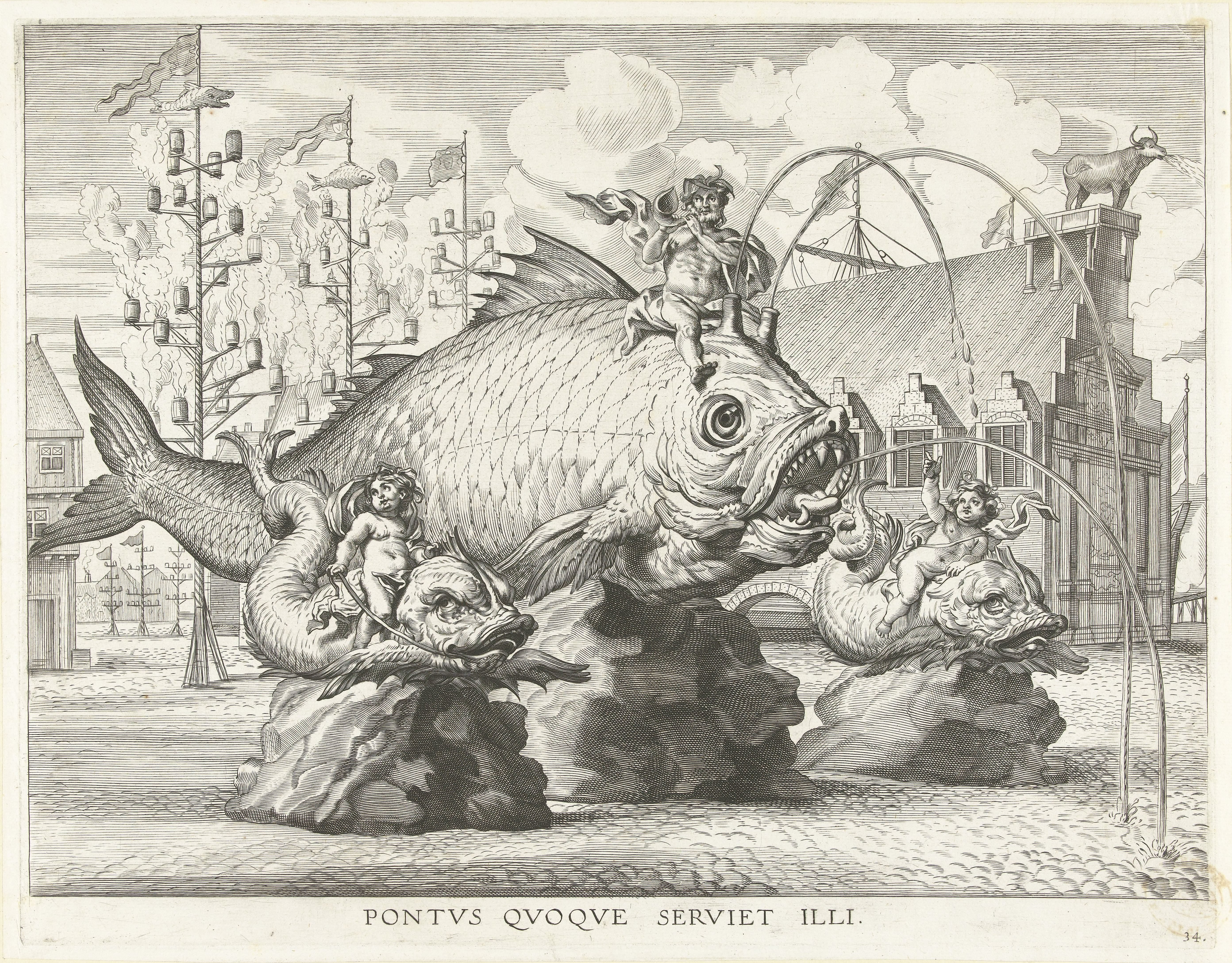 Spektakel met Triton op een reuzenvis; intocht van Ferdinand te Gent in 1635