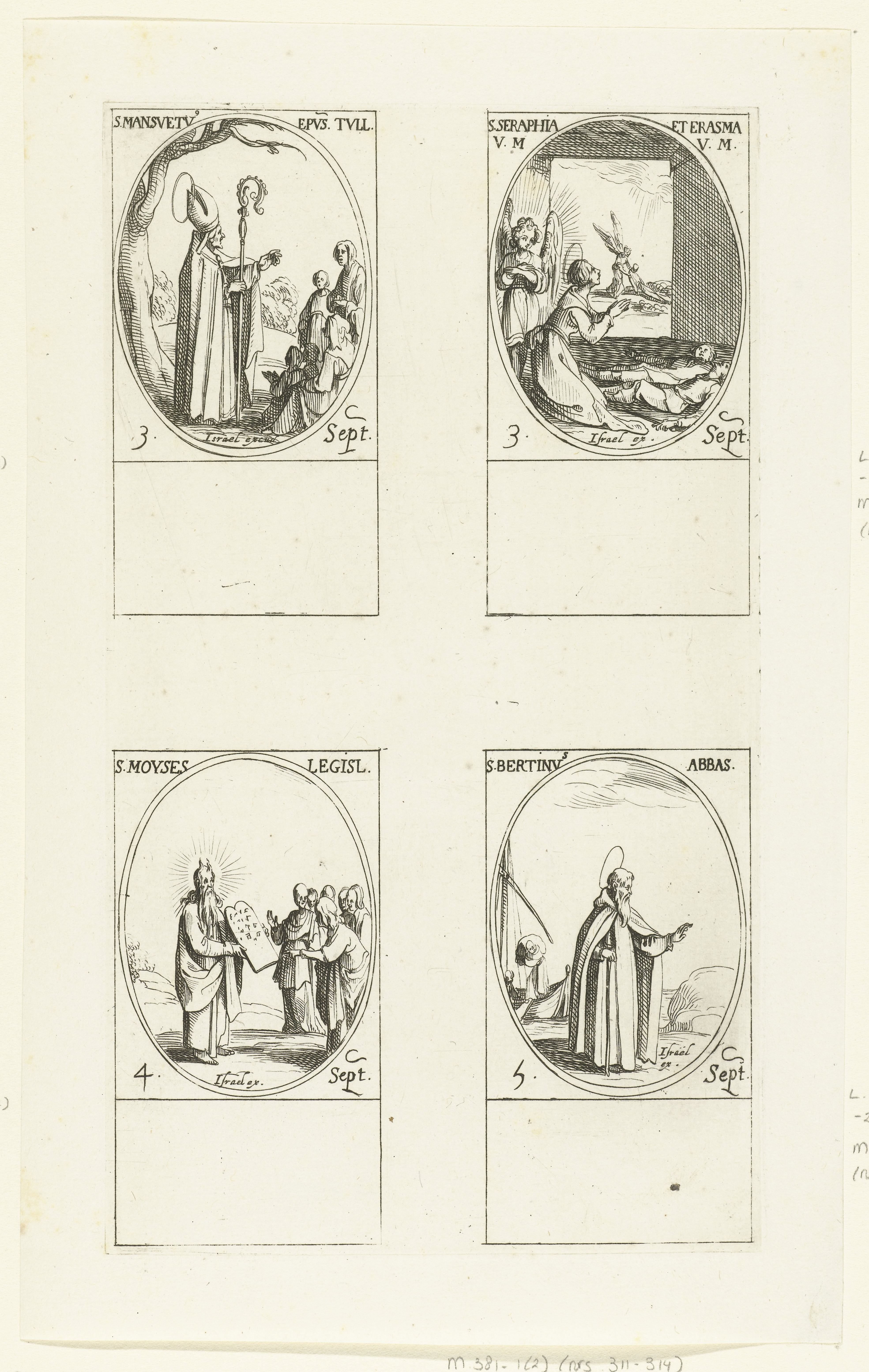 Heilige Mansuetus van Toul, Heilige Seraphia en Heilige Erasma, Heilige Mozes, Heilige Bertinus van Poperinge (3-5 september)