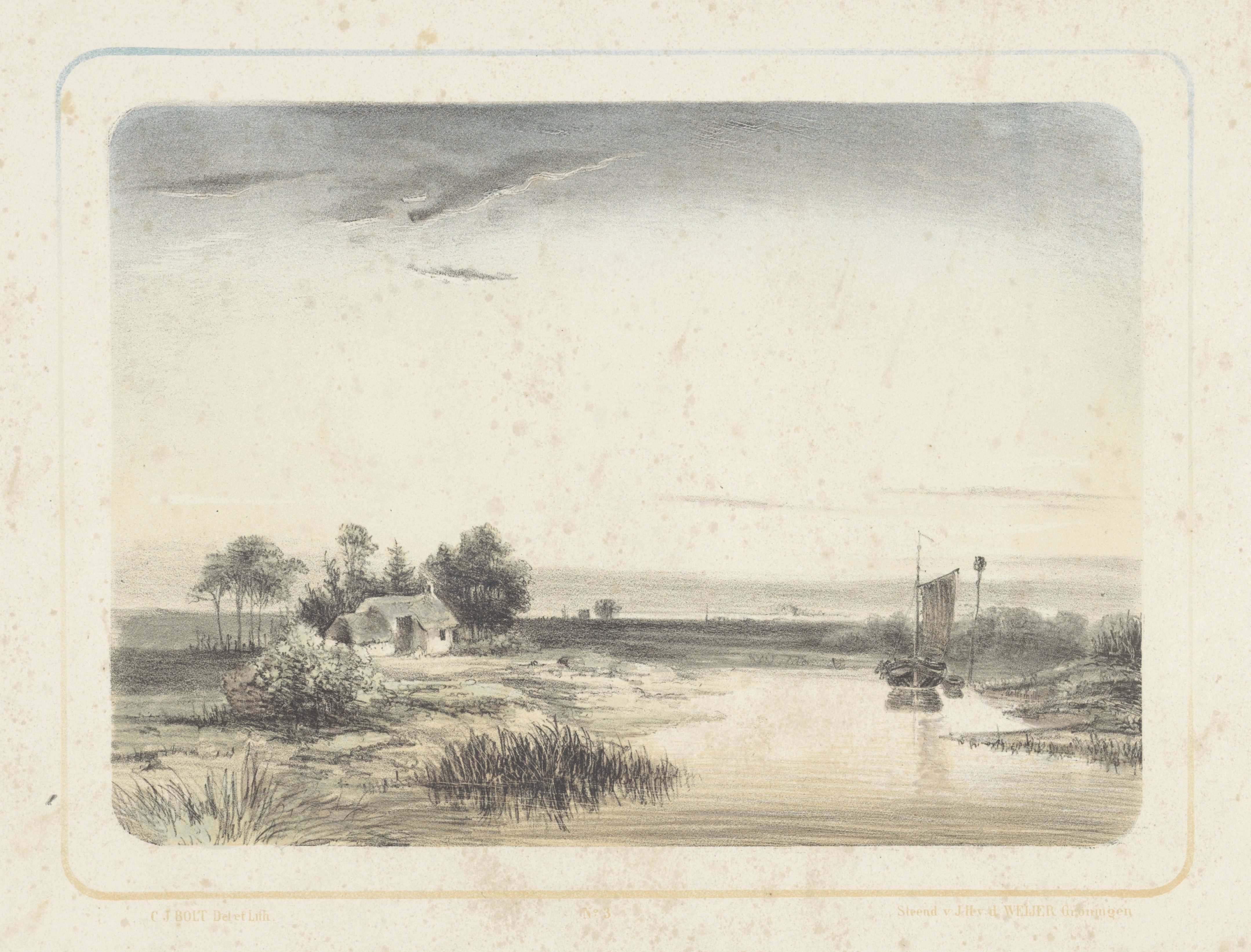 Rivierlandschap met huis en zeilboot