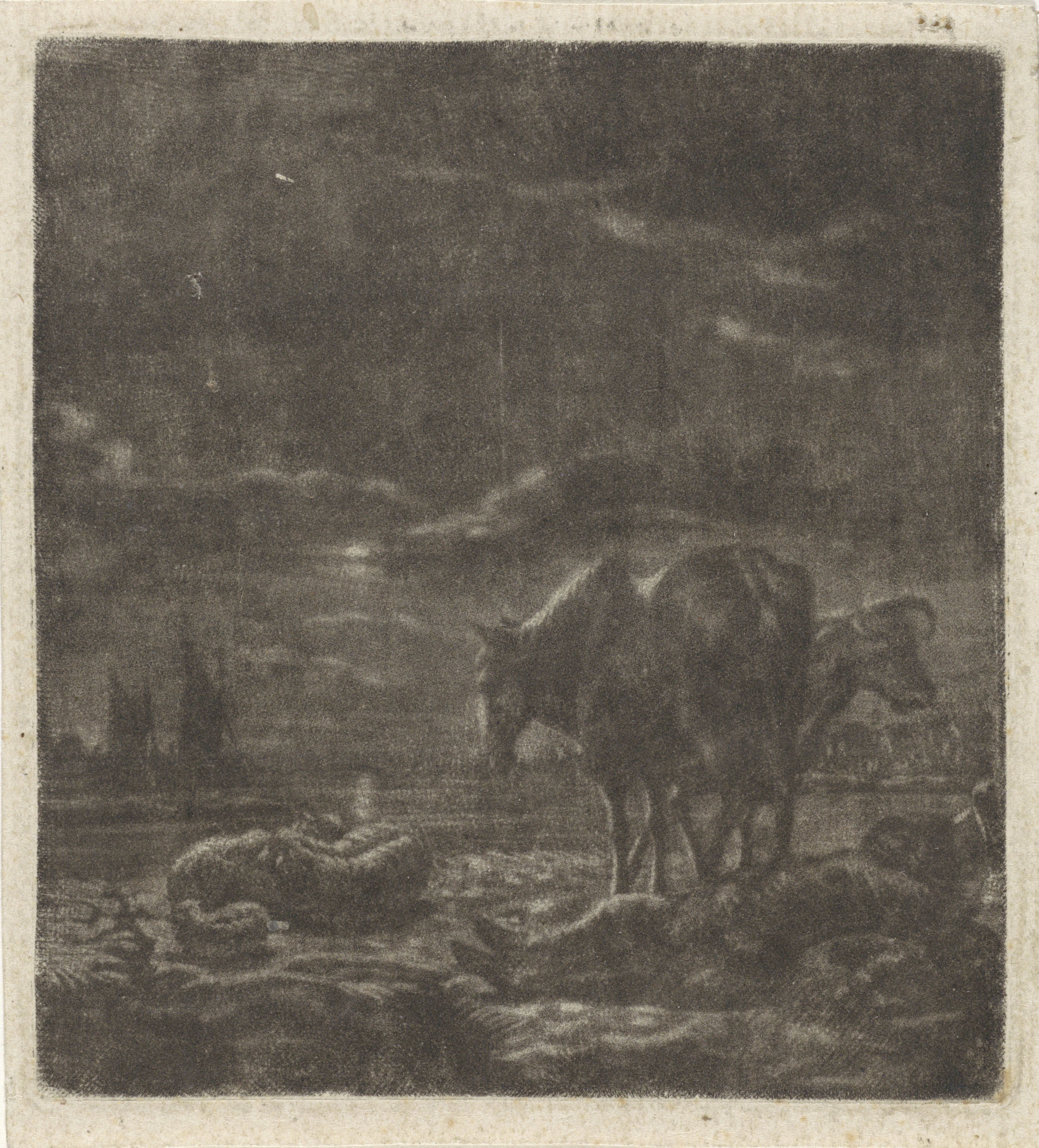 Nachtlandschap met slapende herder en vee