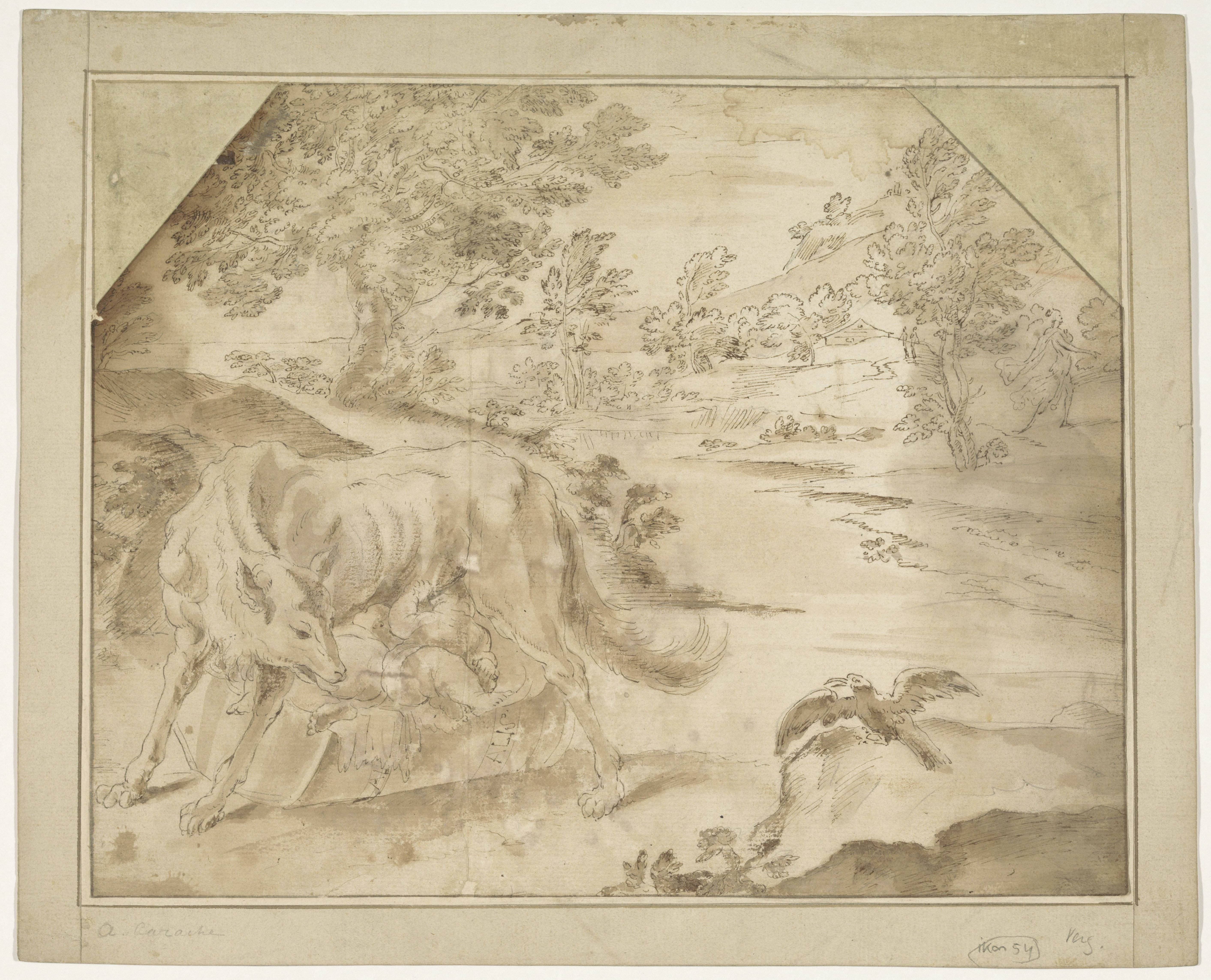 Landschap met Romulus en Remus gevoed door de wolvin