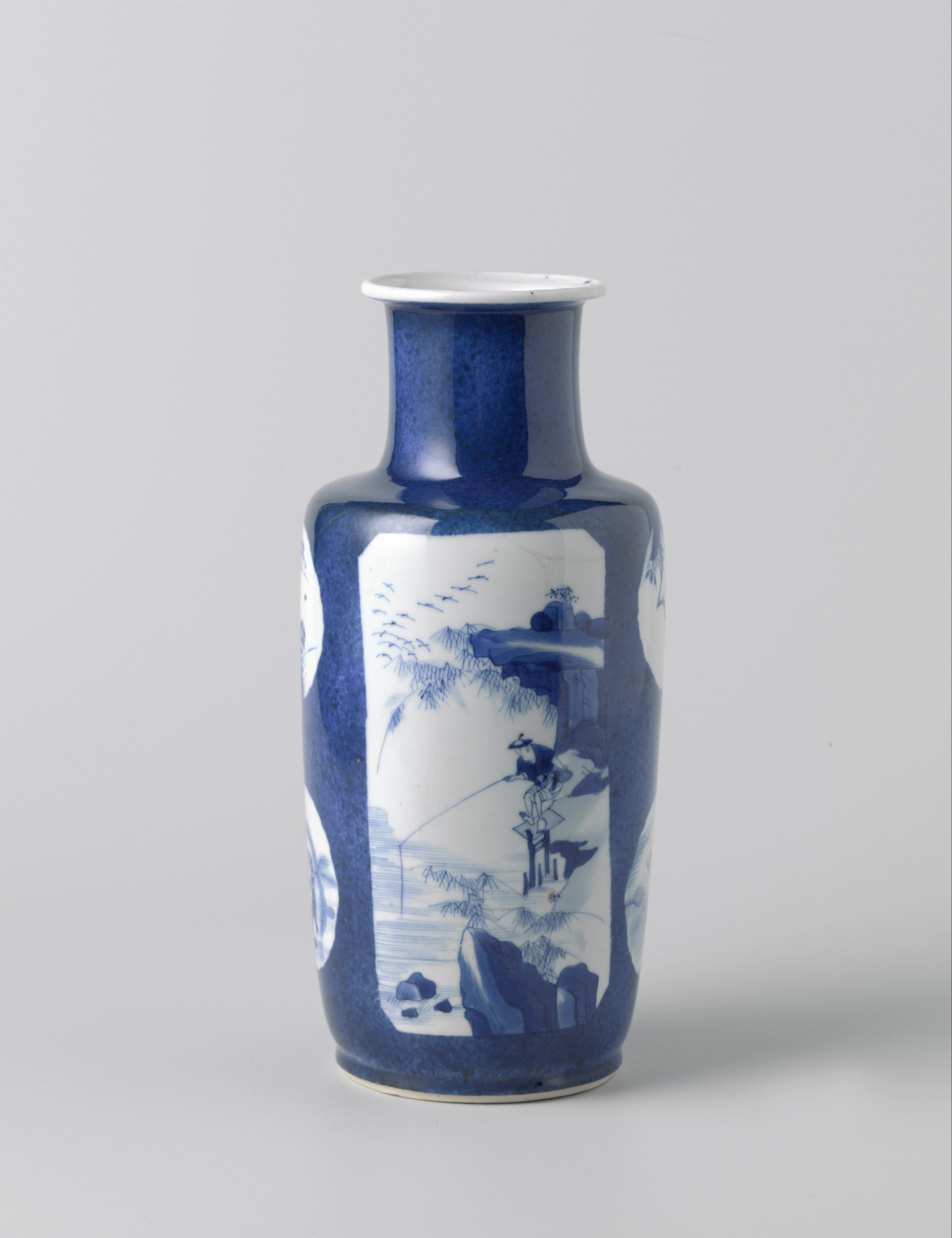 Cilindrical vase with powder blue and landscapes with figures or animals