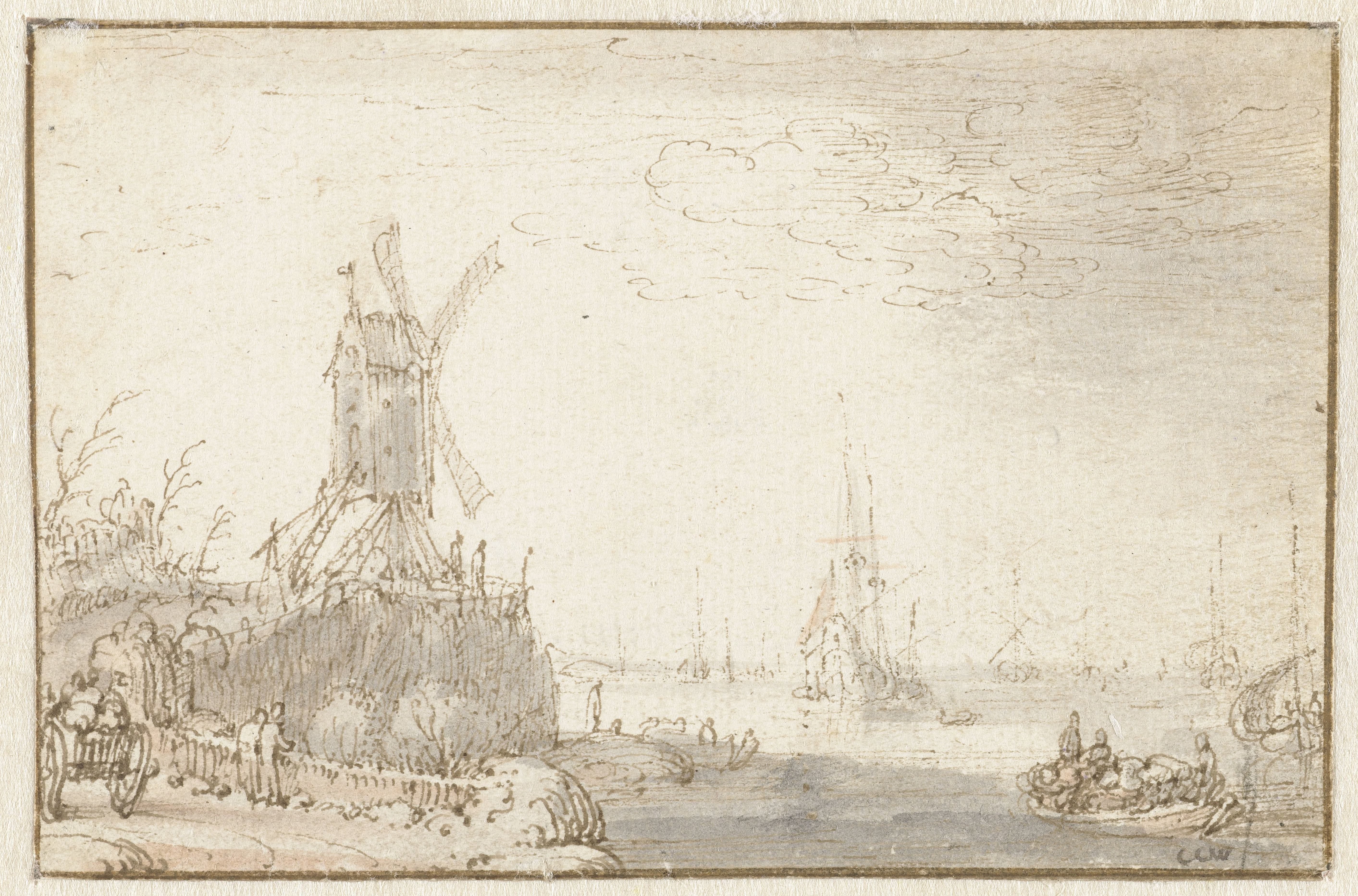 Riviergezicht met windmolen
