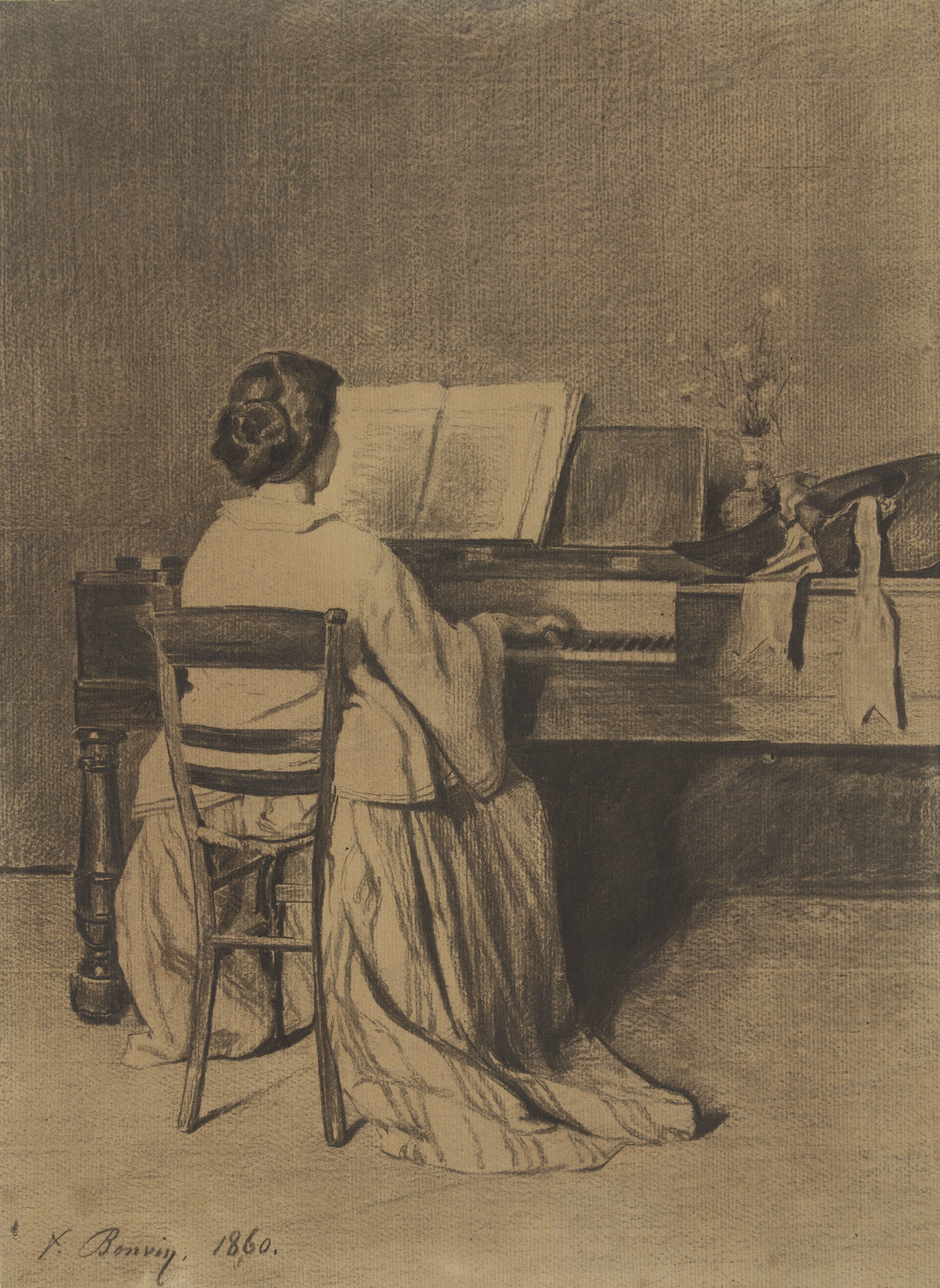 Vrouw aan de piano, op de rug gezien