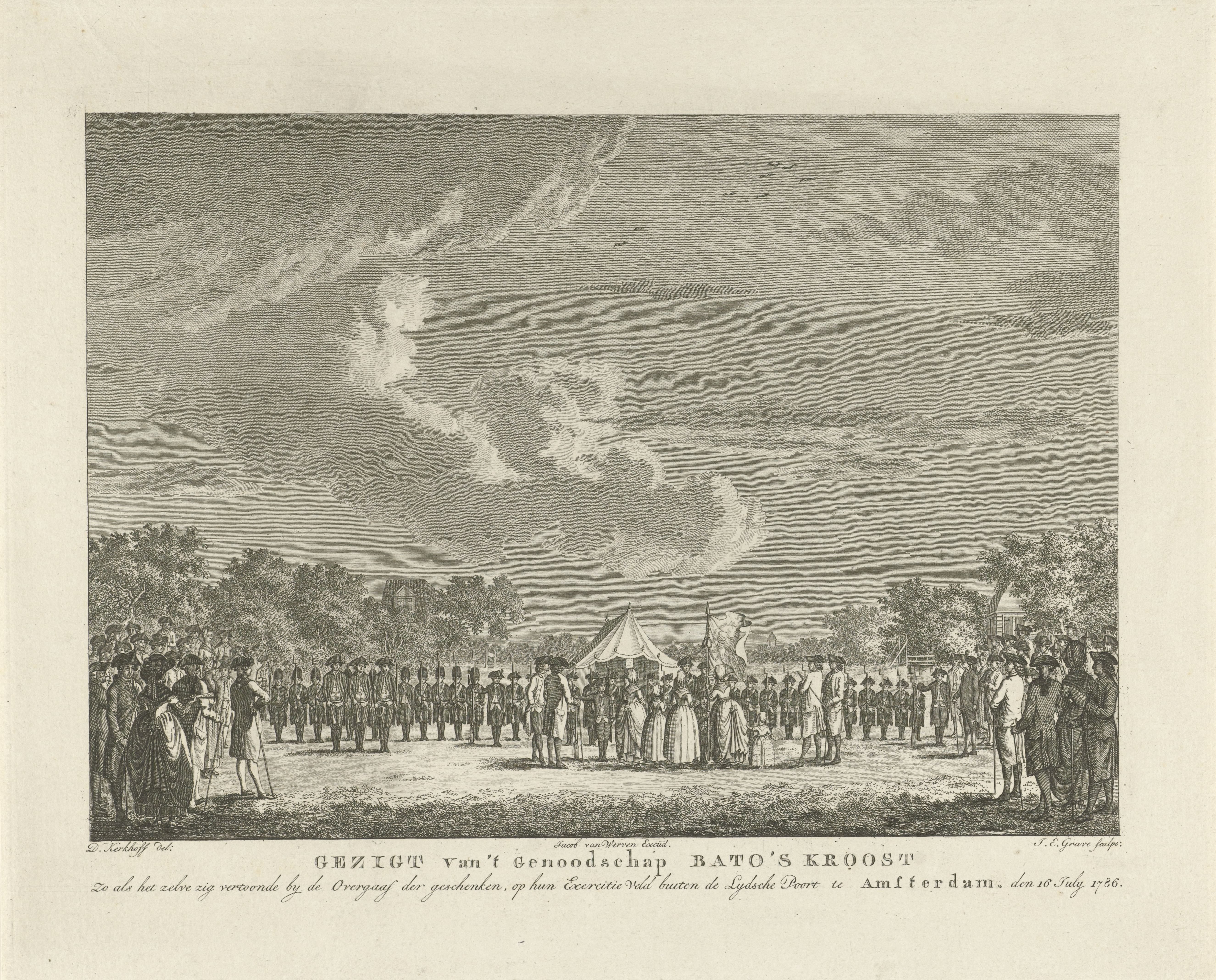 Ontvangst van vaandel, trom en geweren door het exercitiegenootschap "Bato's kroost", 16 juli 1786