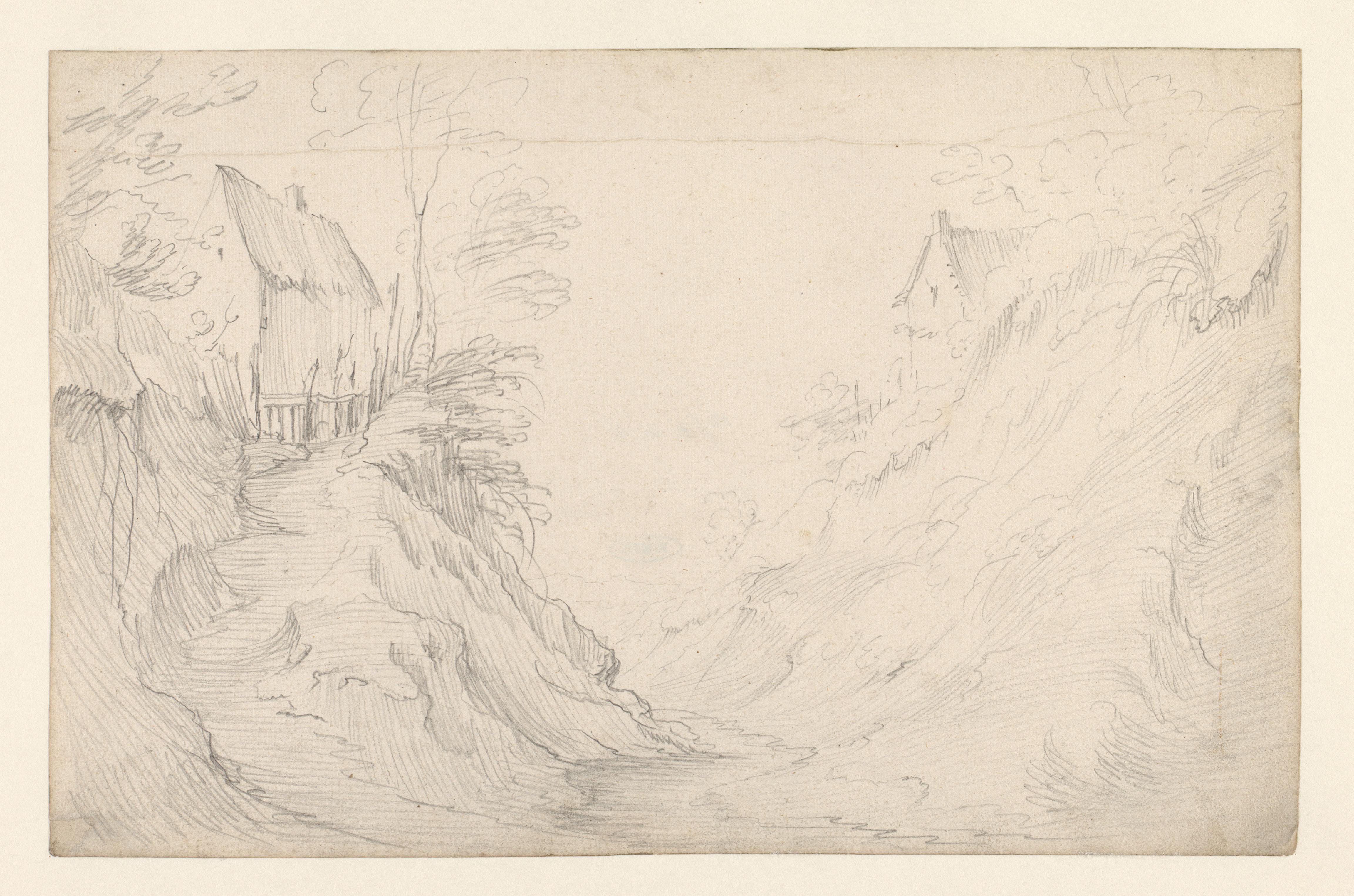 Landschap met beekje tussen twee heuveltjes waarop huizen