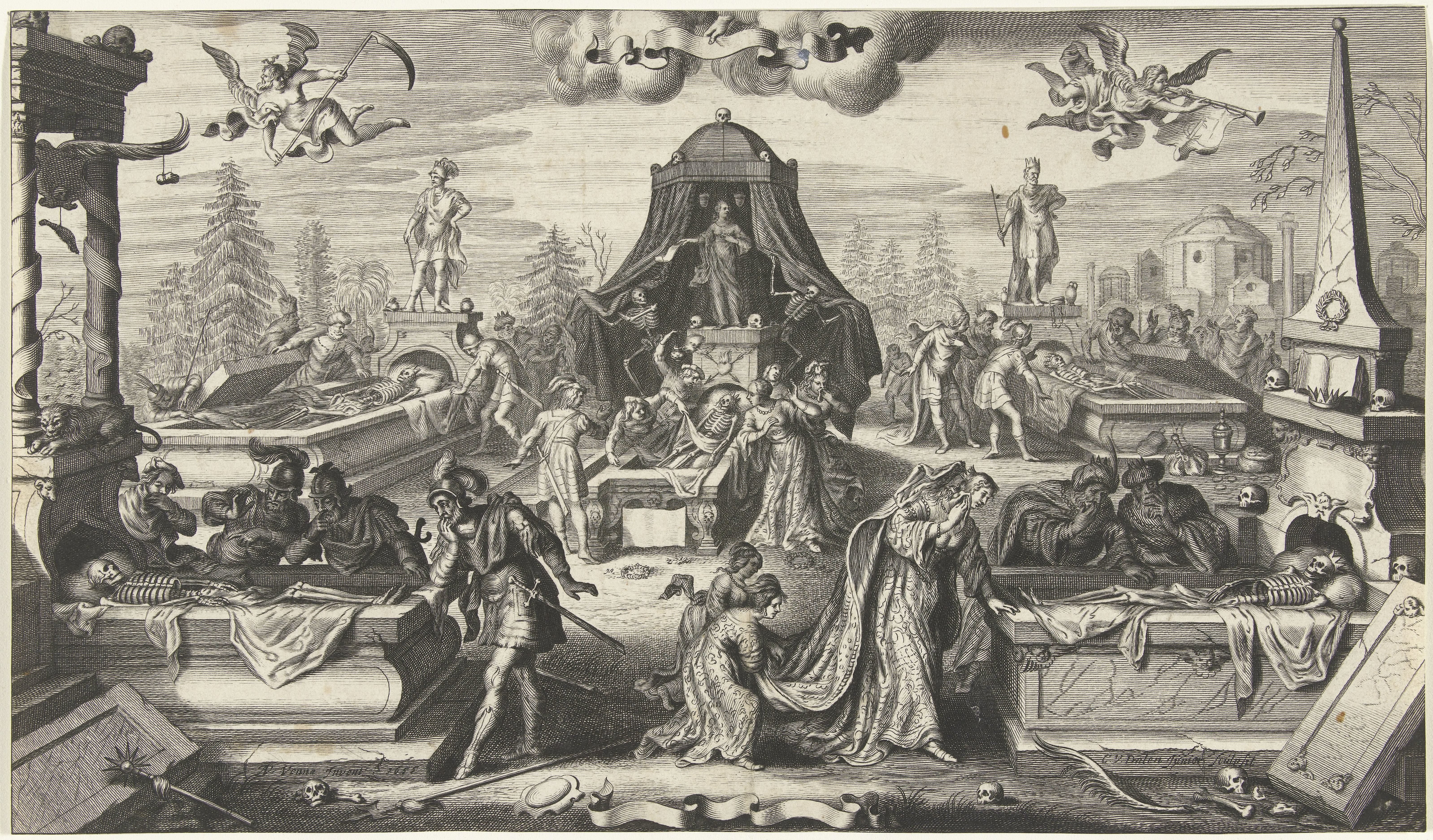 Mannen en vrouwen kijken in de geopende graftombes van historische personen