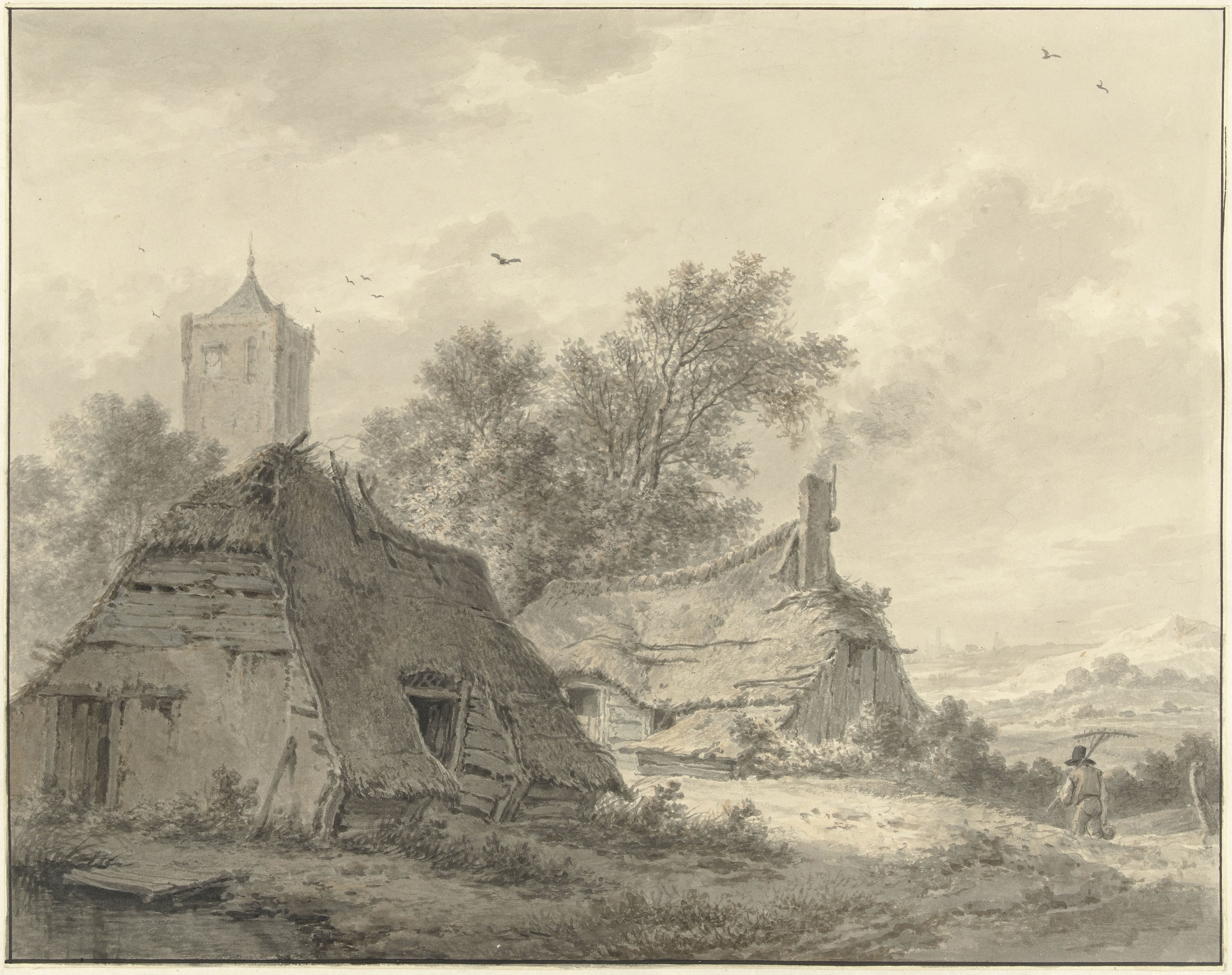 Landschap met twee boerderij en een kerktoren