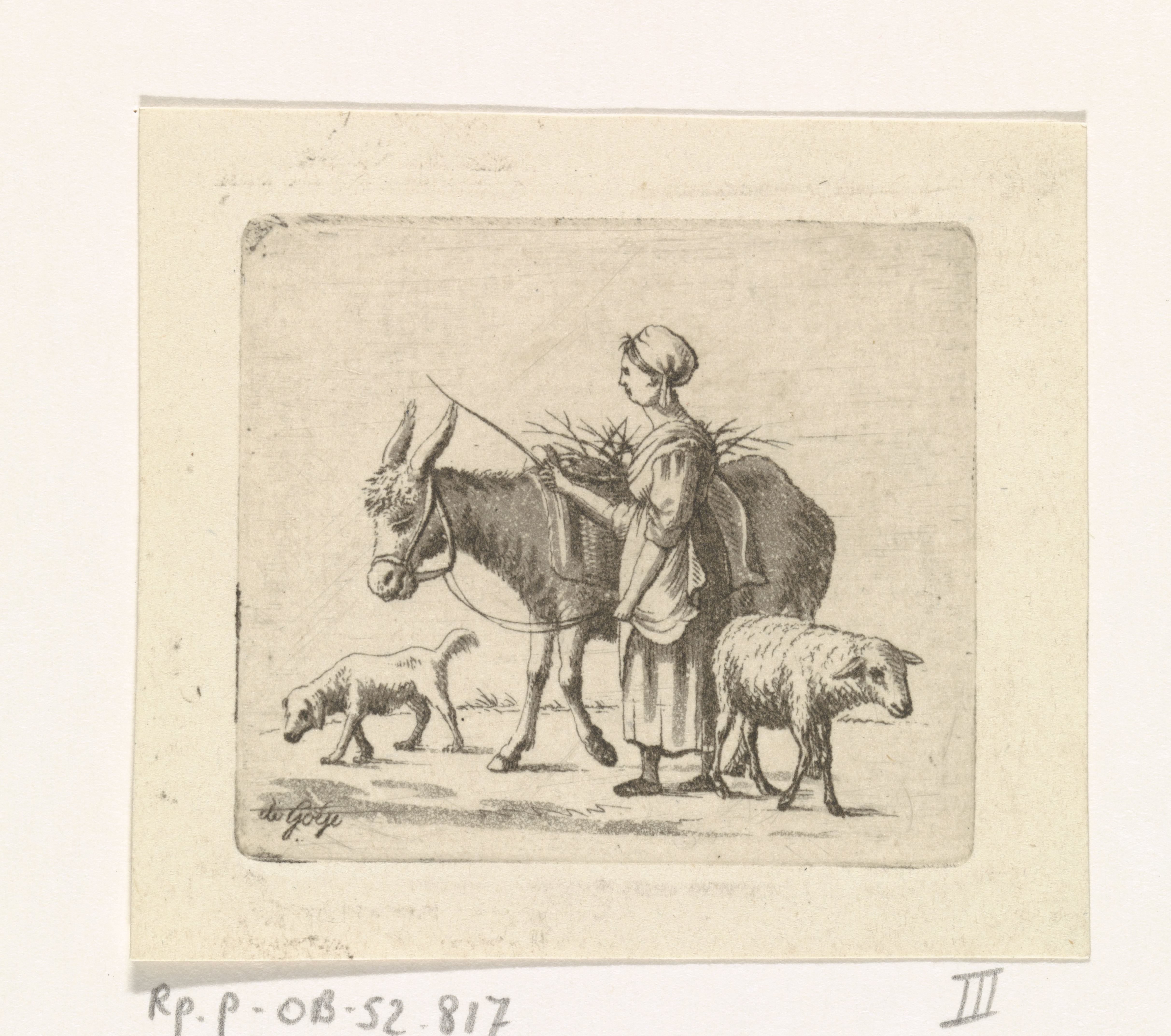 Herderin met muilezel, schaap en hond