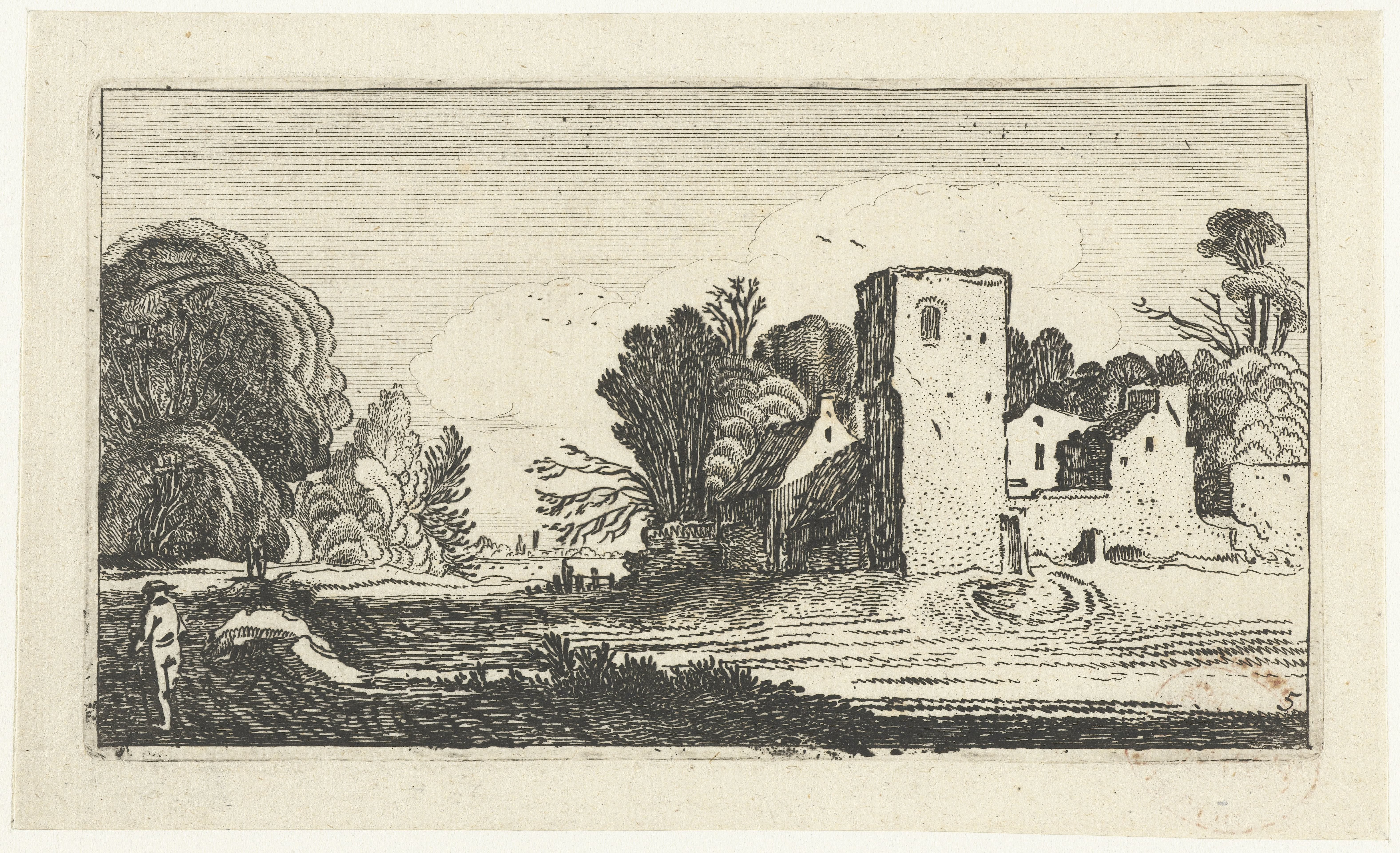 Landschap met vierkante toren bij huizen