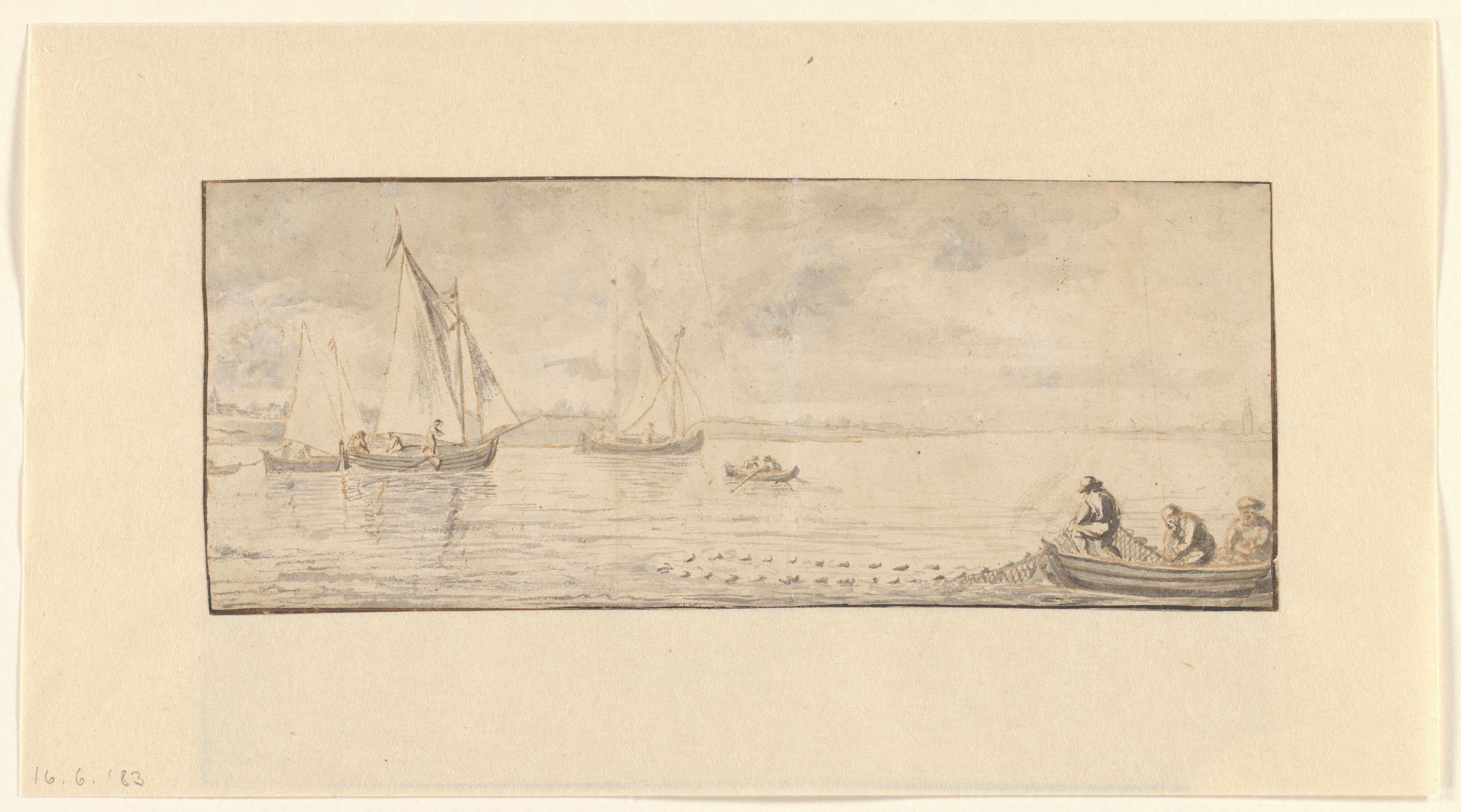 Brede rivier met zeilschepen en een roeibootje