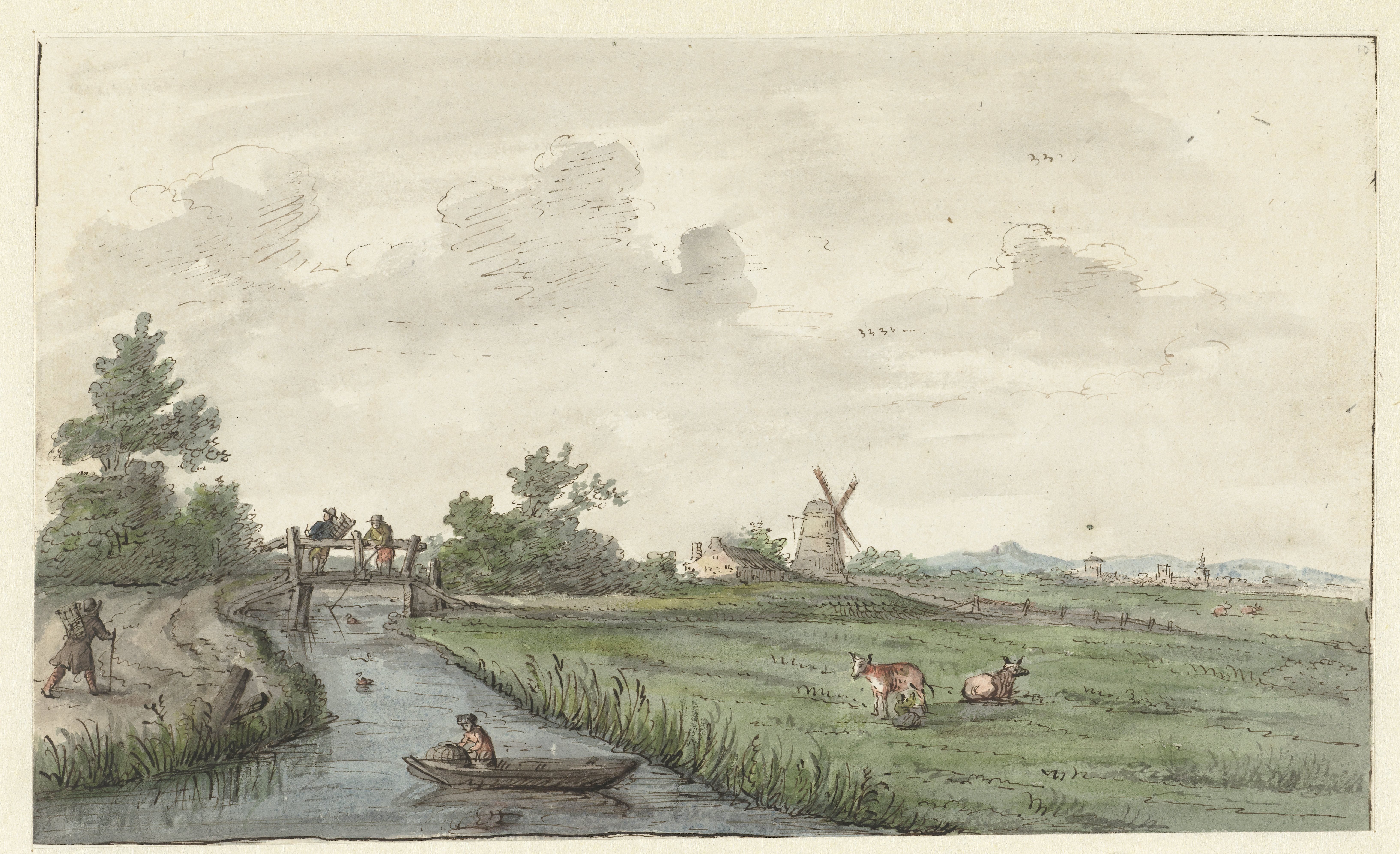 Landschap met een sloot en een landweg