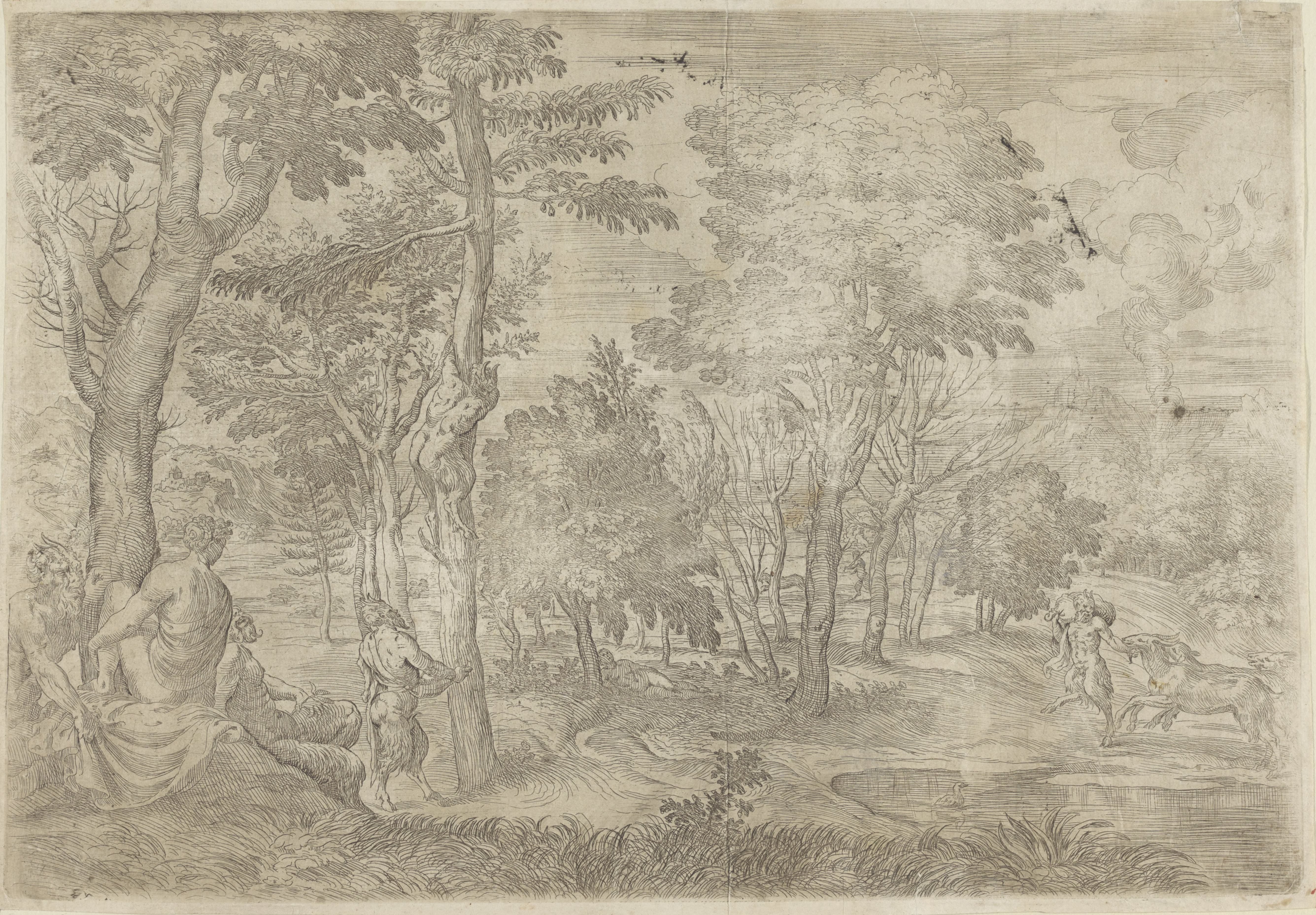 Landschap met nimfen en saters