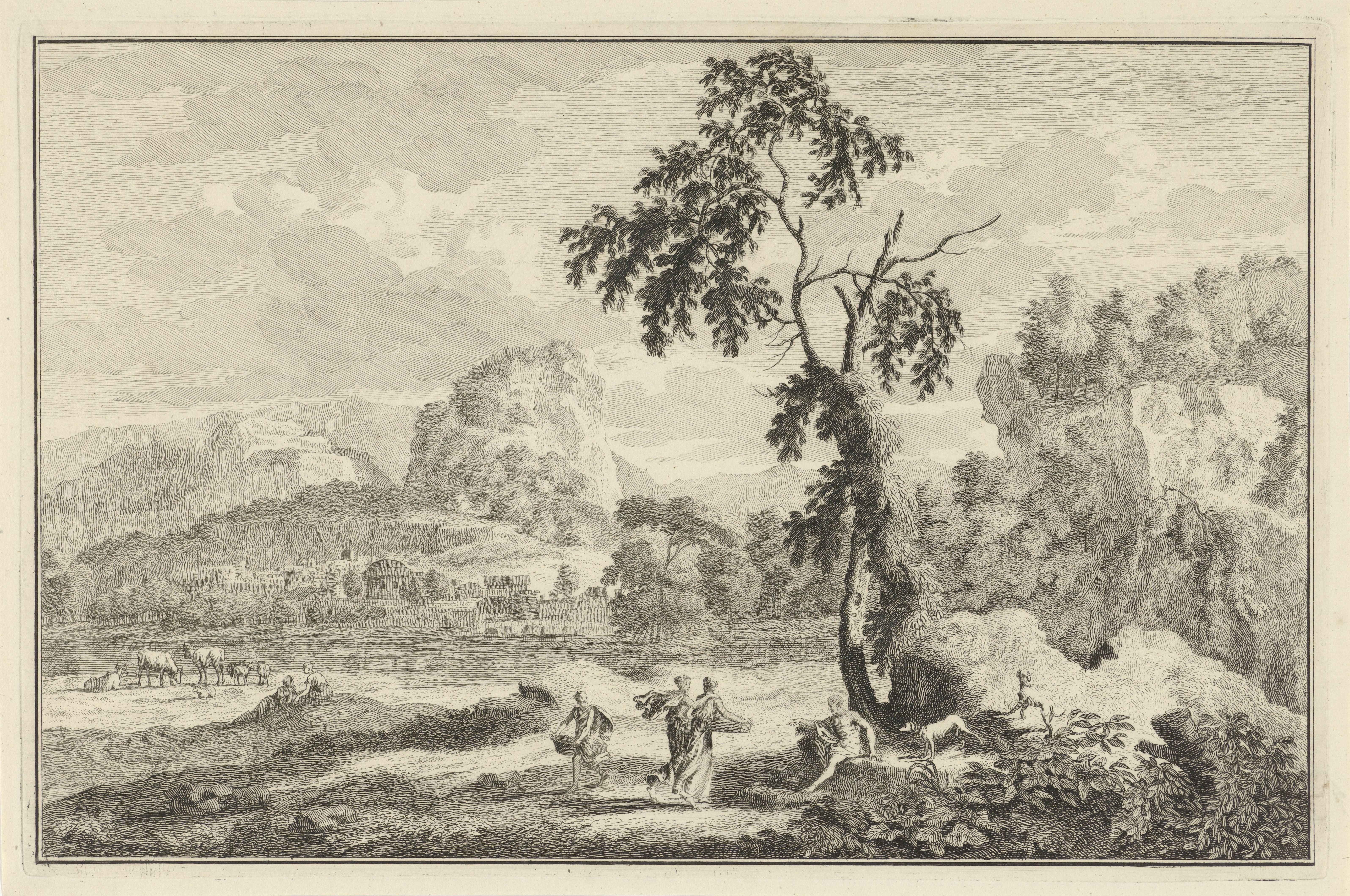 Arcadisch rivierlandschap met diverse figuren bij een boom