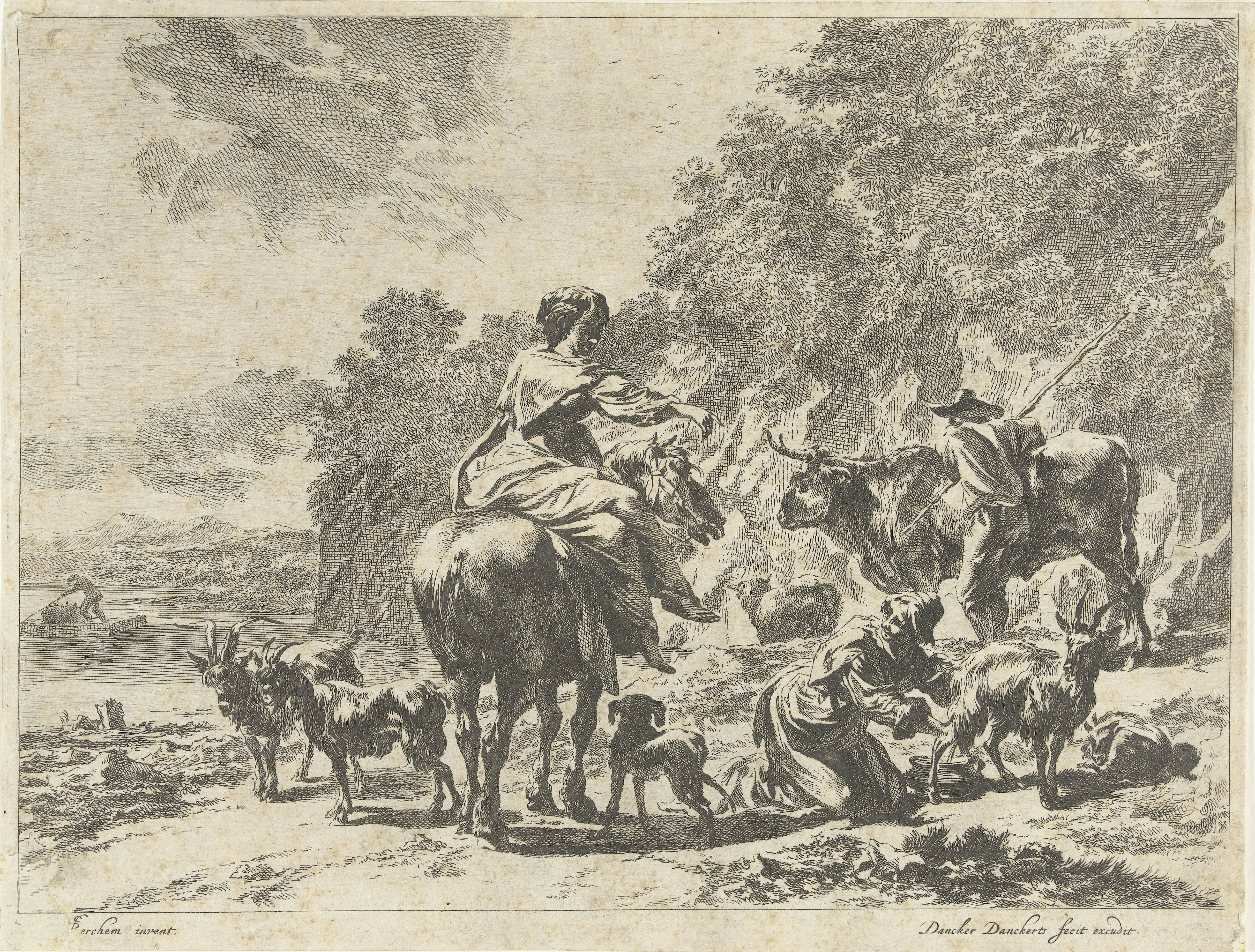 Landschap met vrouw te paard en herderin die een geit melkt