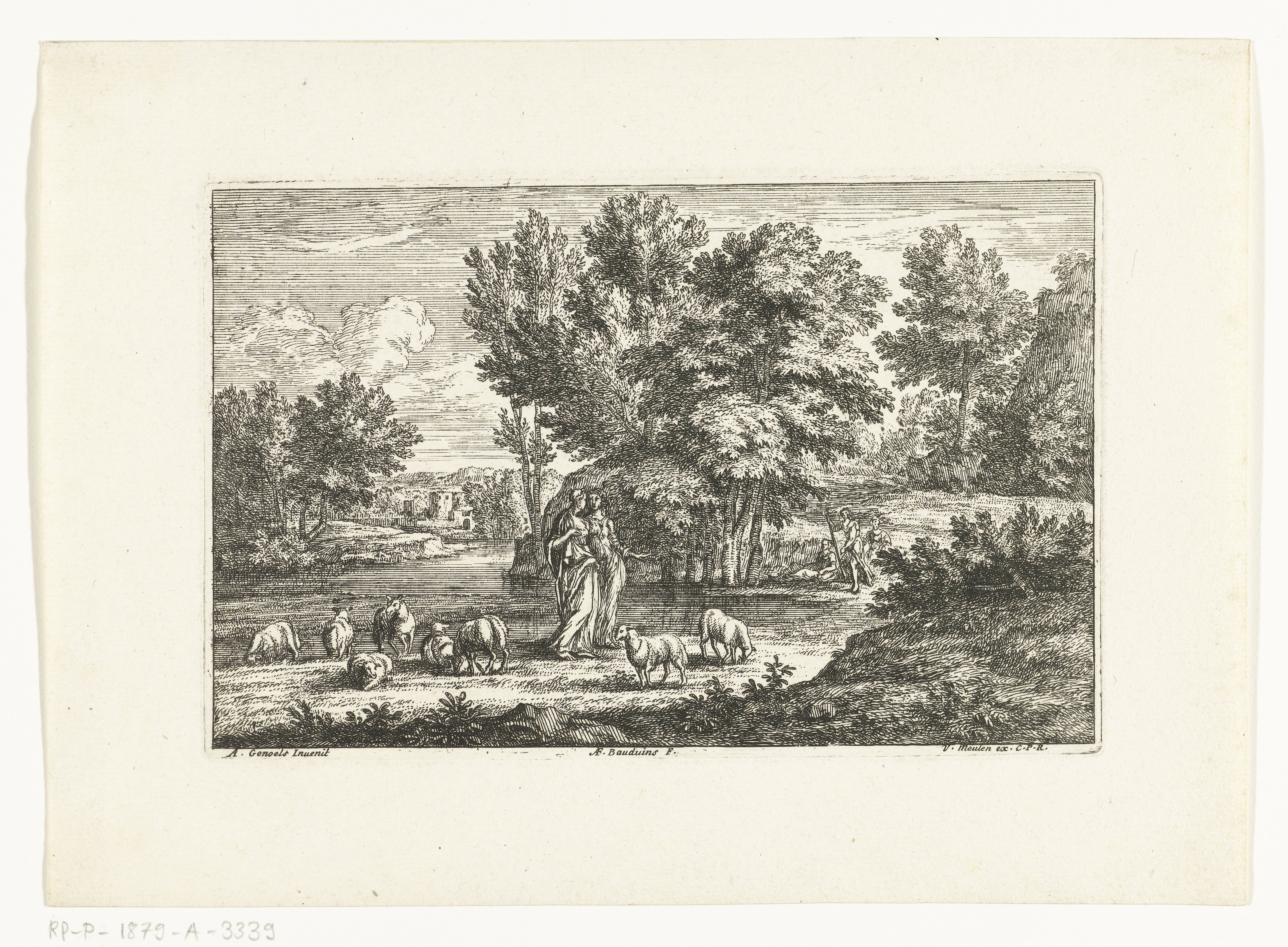 Landschap met twee herderinnen bij een water