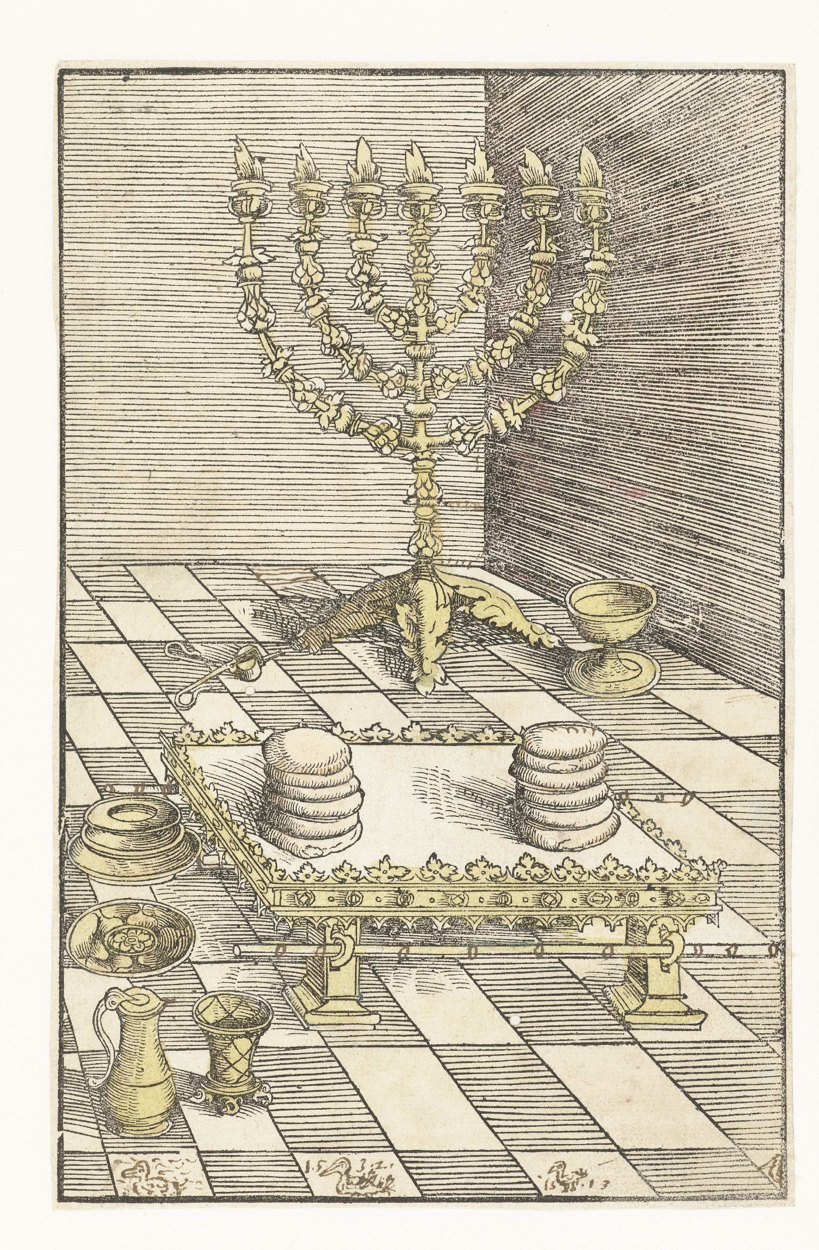 Zevenarmige kandelaar en tafel met het toonbrood