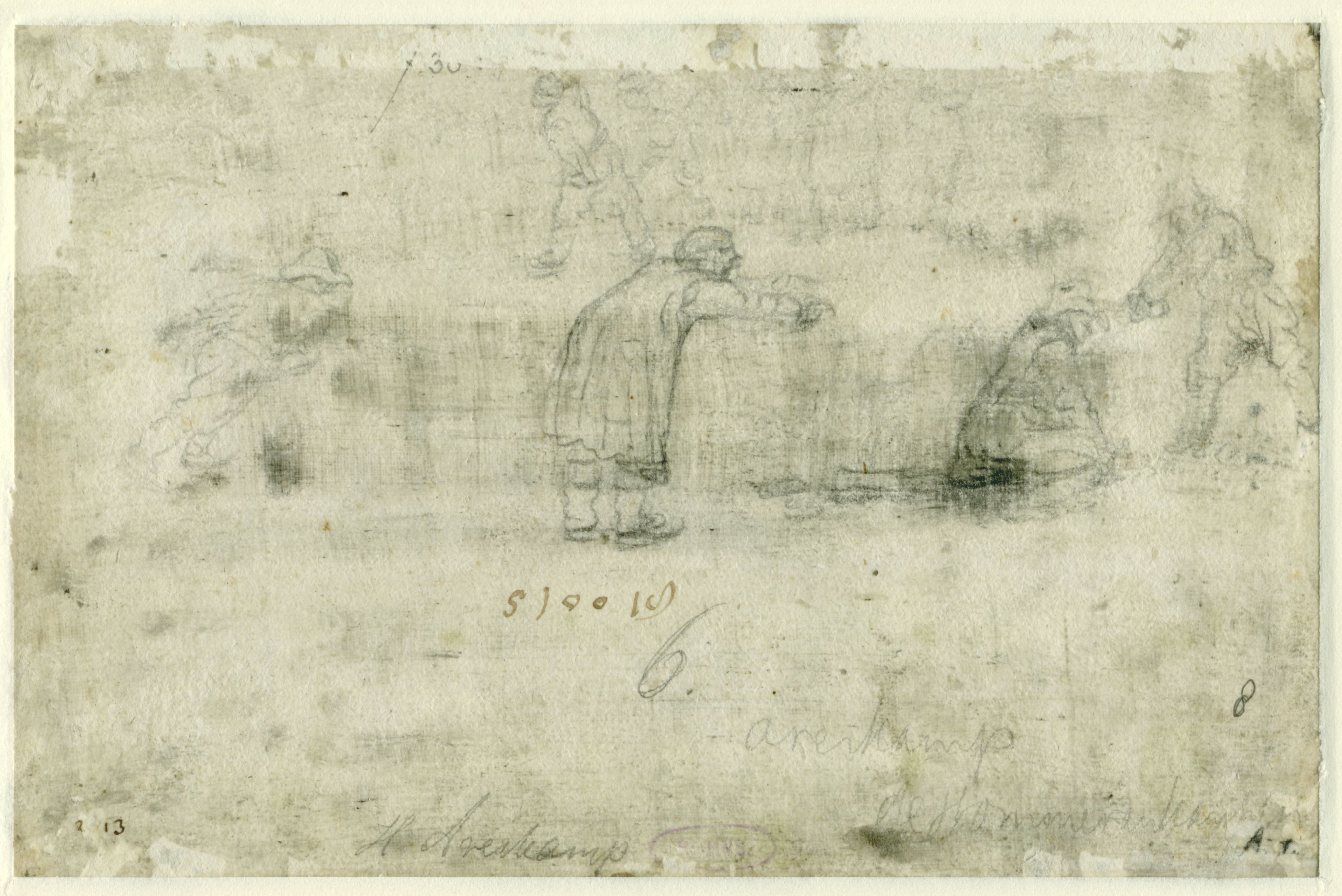 Sketches of Figures on the Ice / recto: Winter Scene on the Frozen Canal near the Kalverhekkenpoort, Kampen