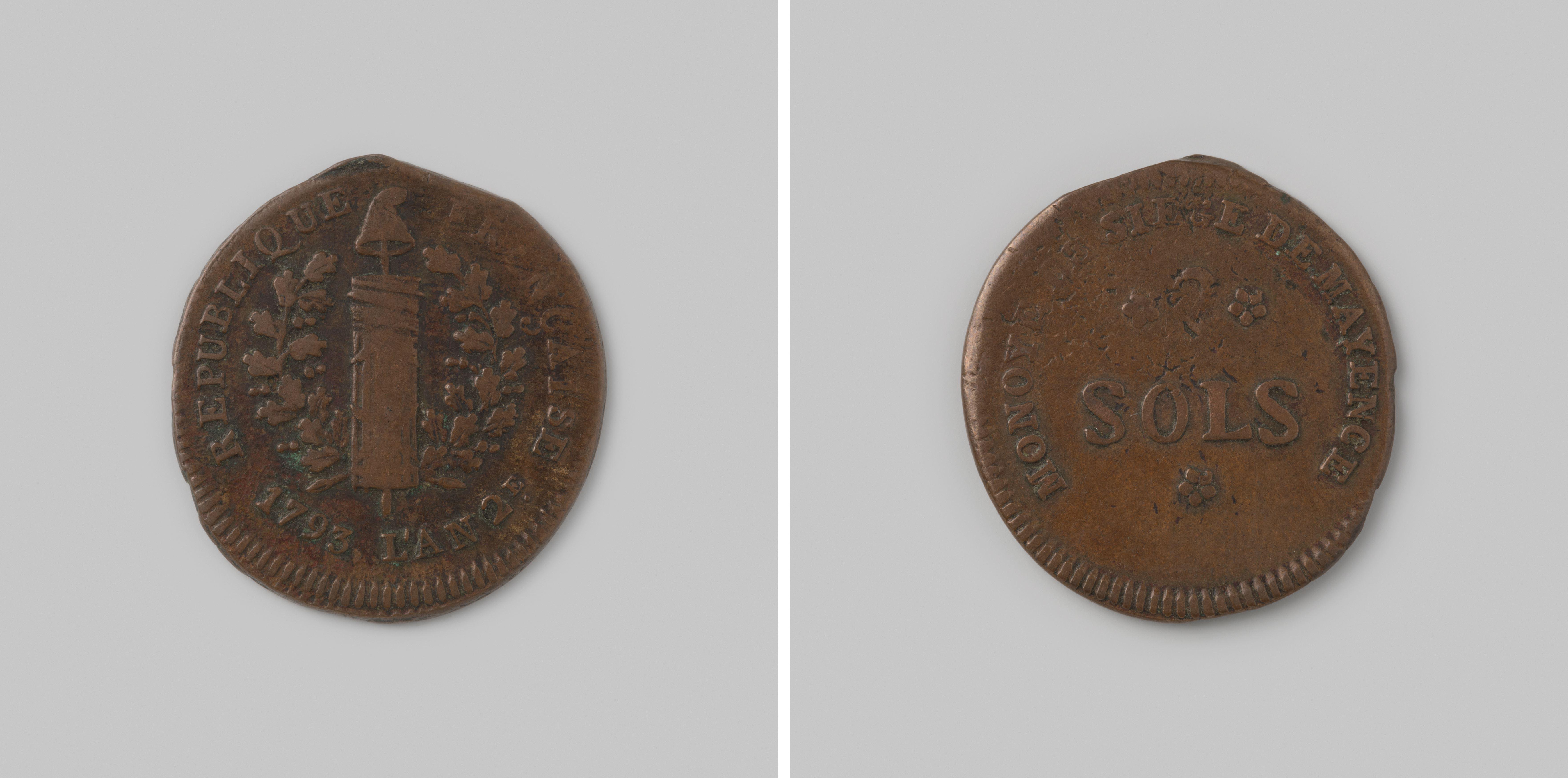 Dubbele sol, noodmunt uit Mainz (Hessen) tijdens belegering door de Verbondenen, 1793