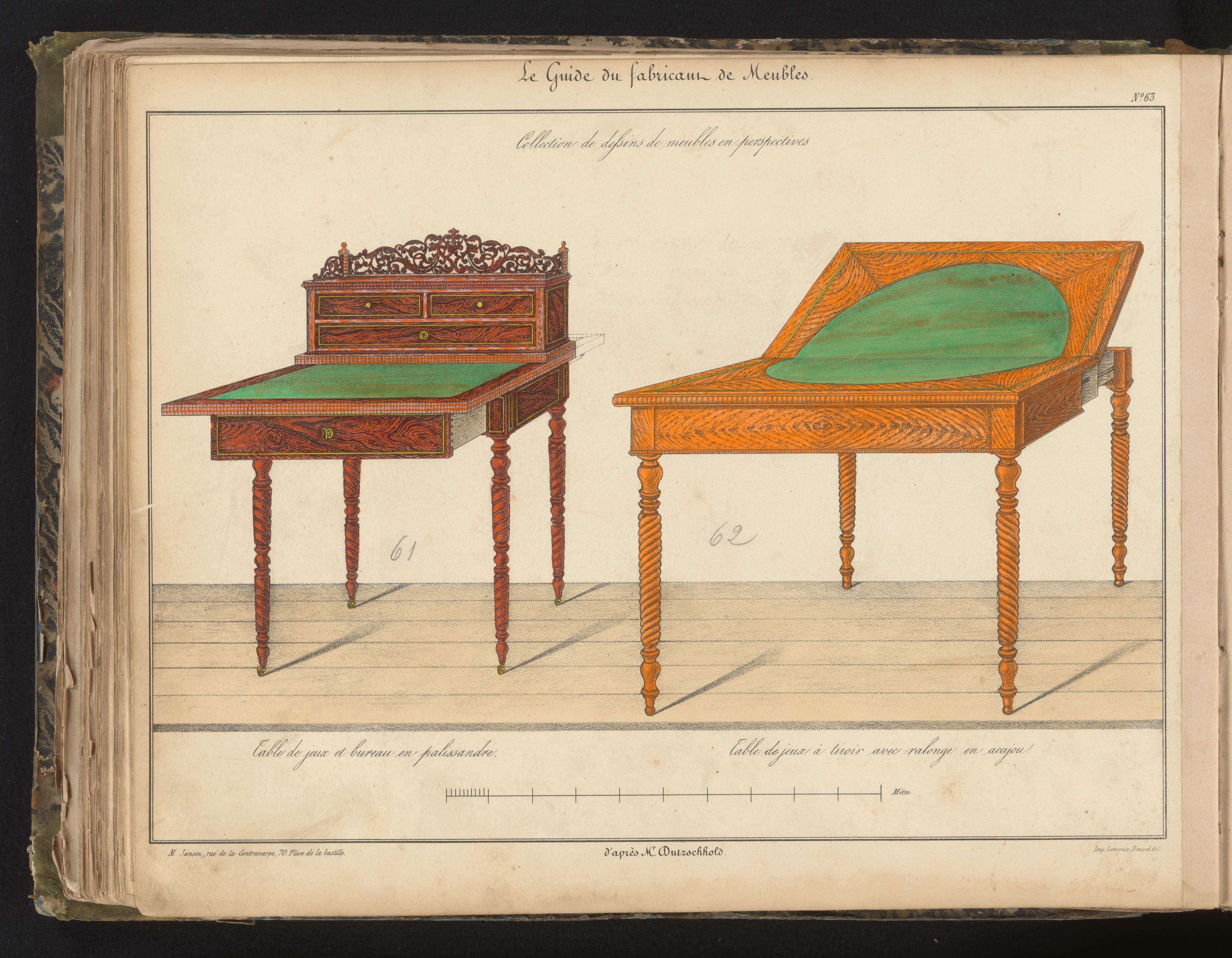 Prent met twee ontwerpen voor speltafels door Mr Dutzschhold