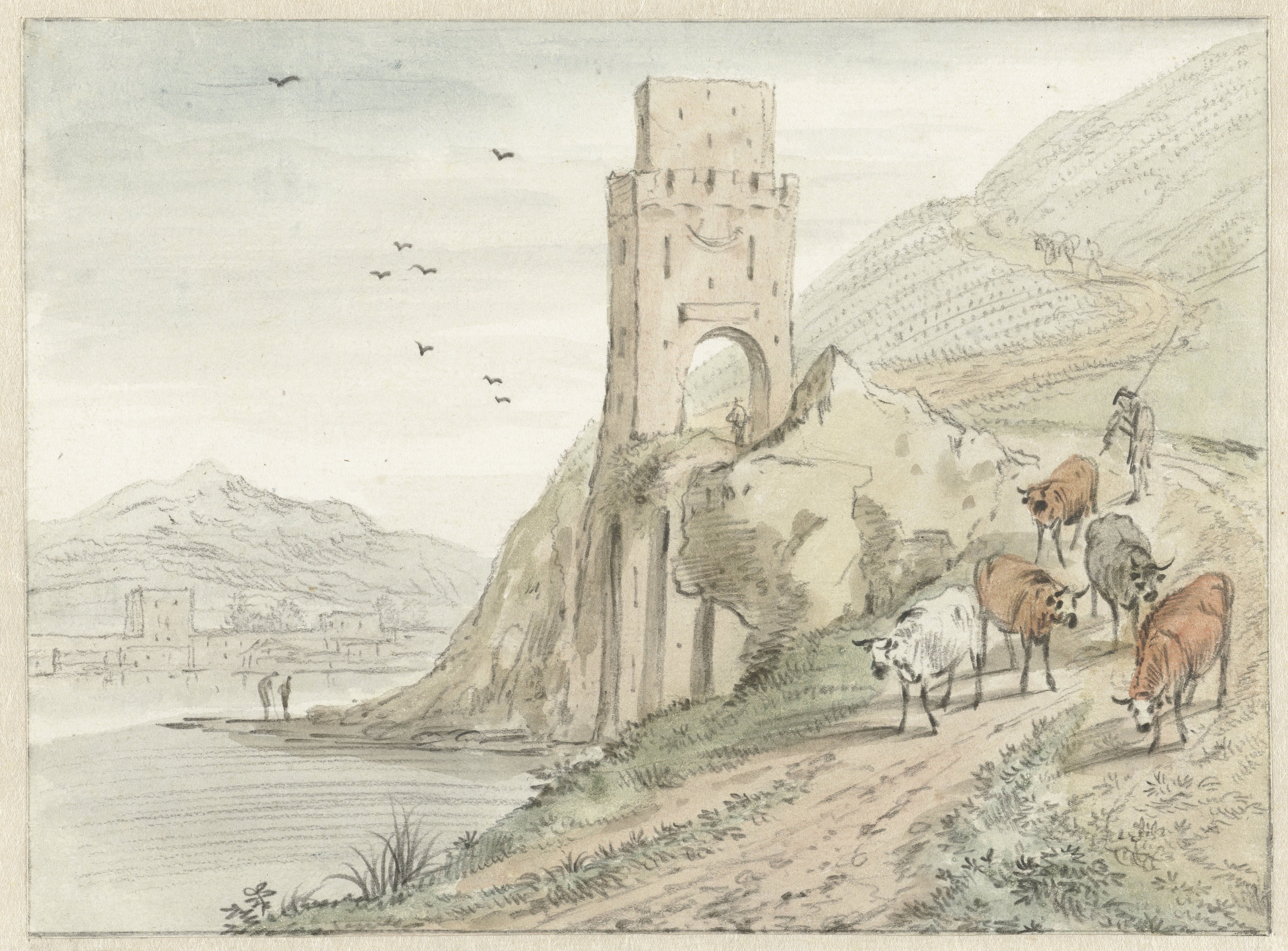 Italianate River Landscape with Mountains and a Gate Tower