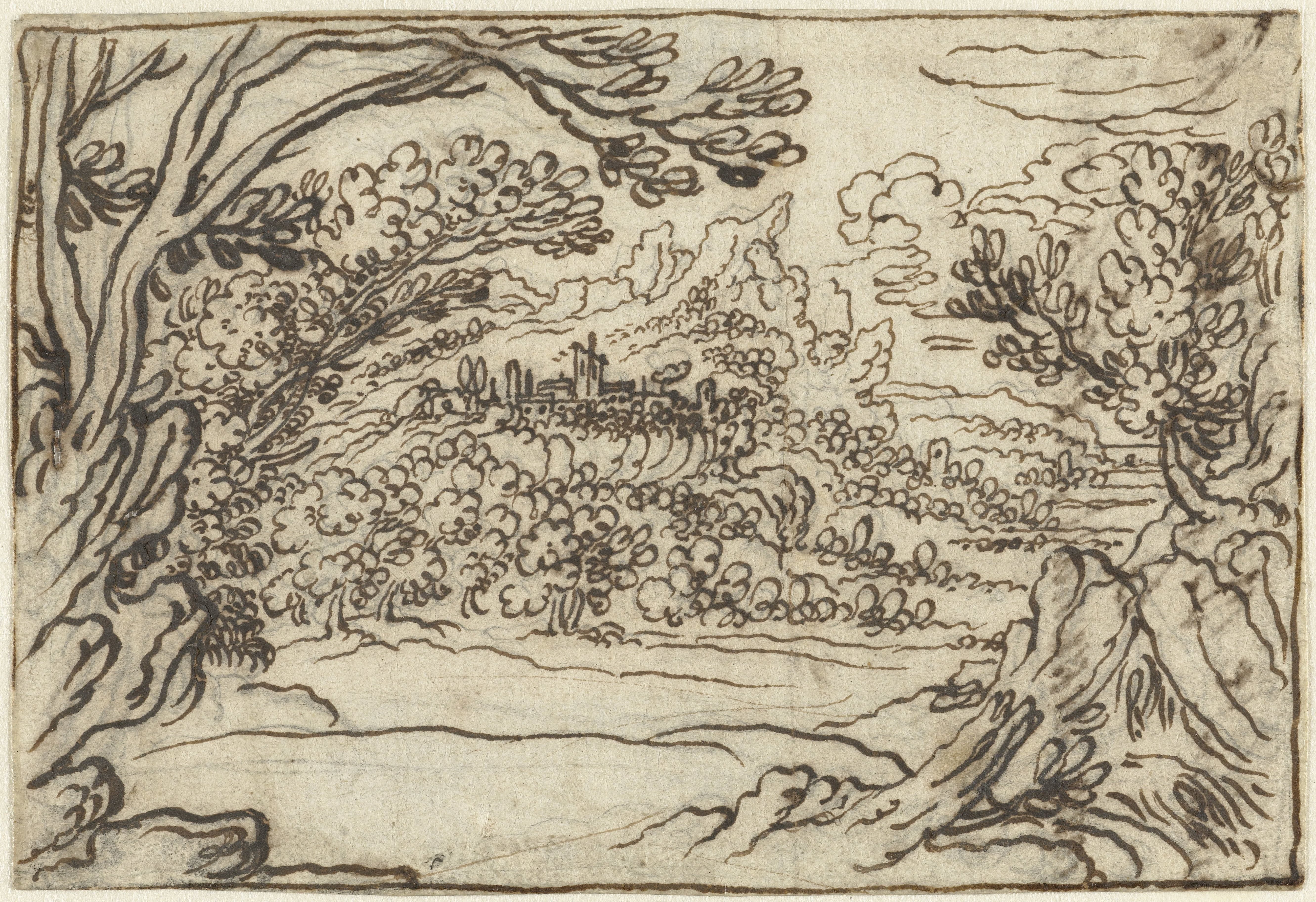 Landschap met vergezicht naar een vestingstadje op een bergplateau