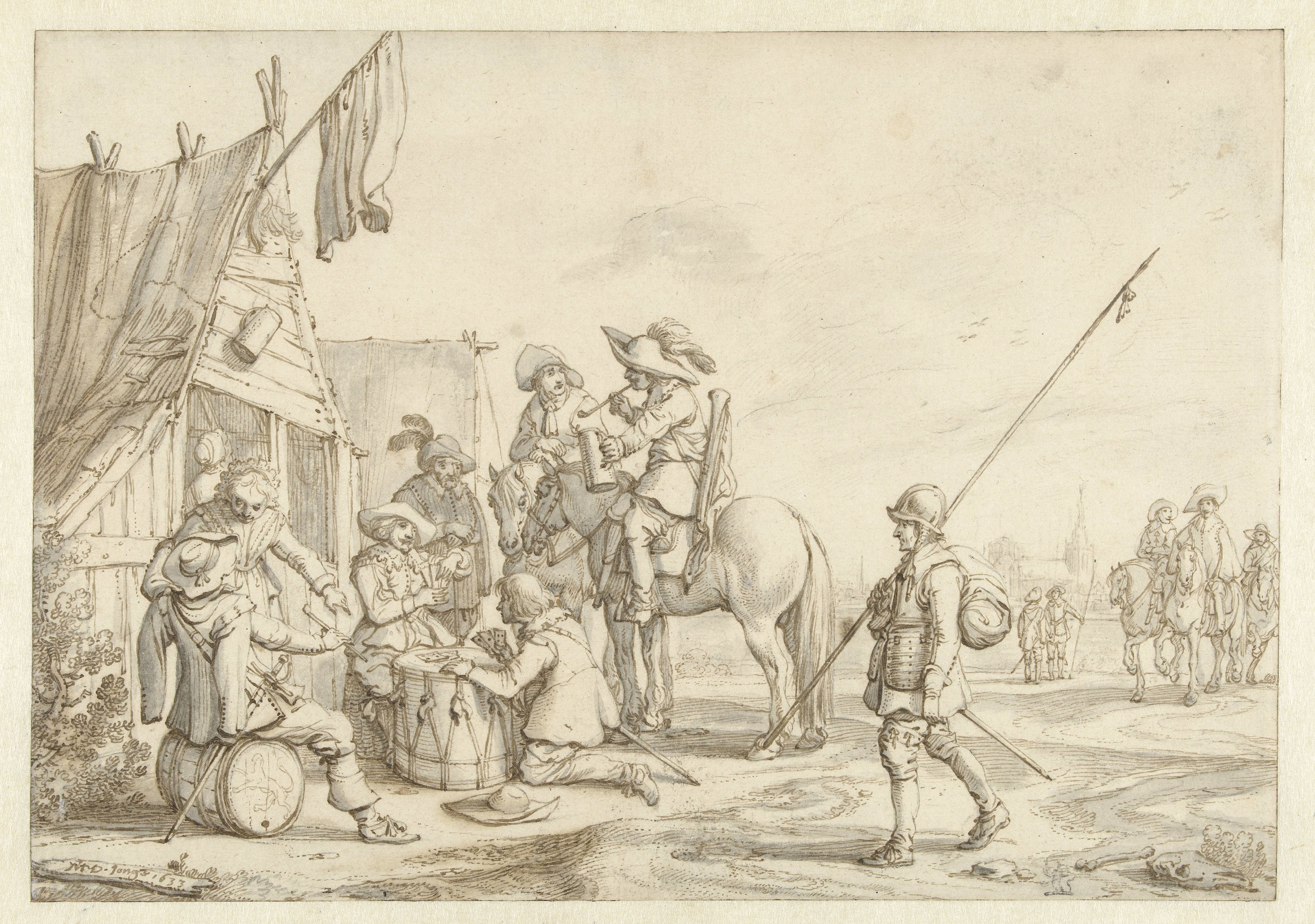 Soldaten voor een herberg