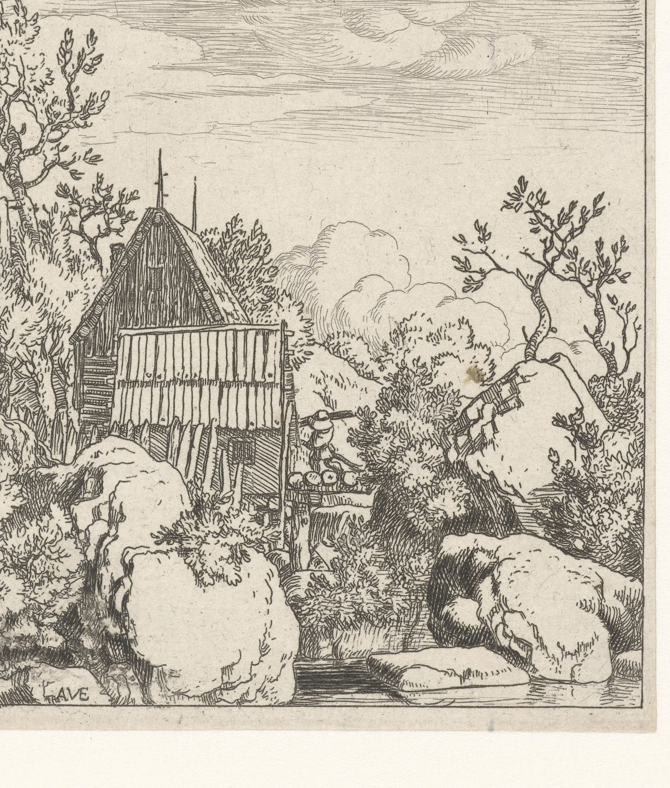 Landschap met schuur tussen rotsblokken