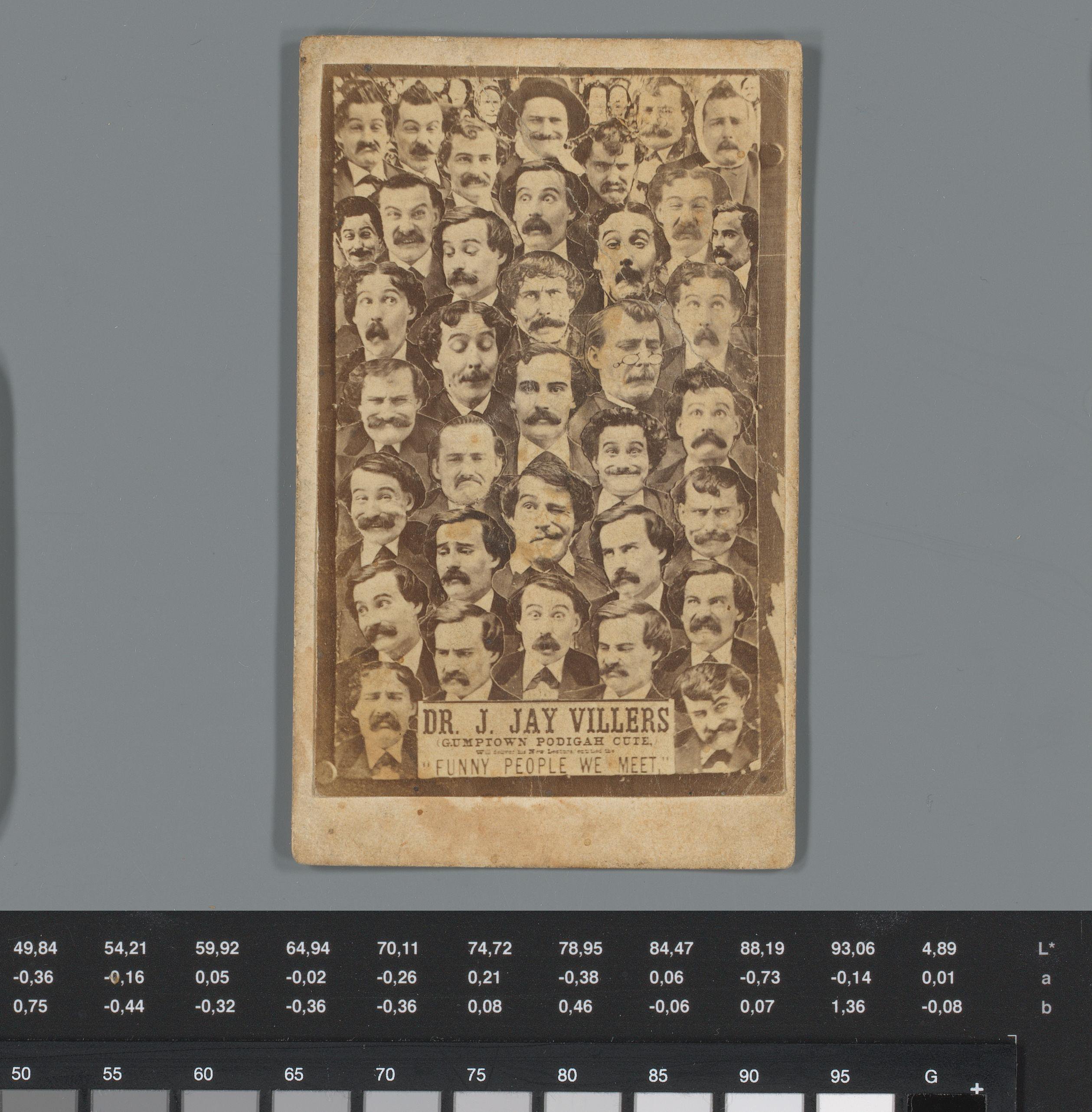 Reclame voor drie voorstellingen van komiek Joseph Jay Villers met een collage van 36 van zijn portretten