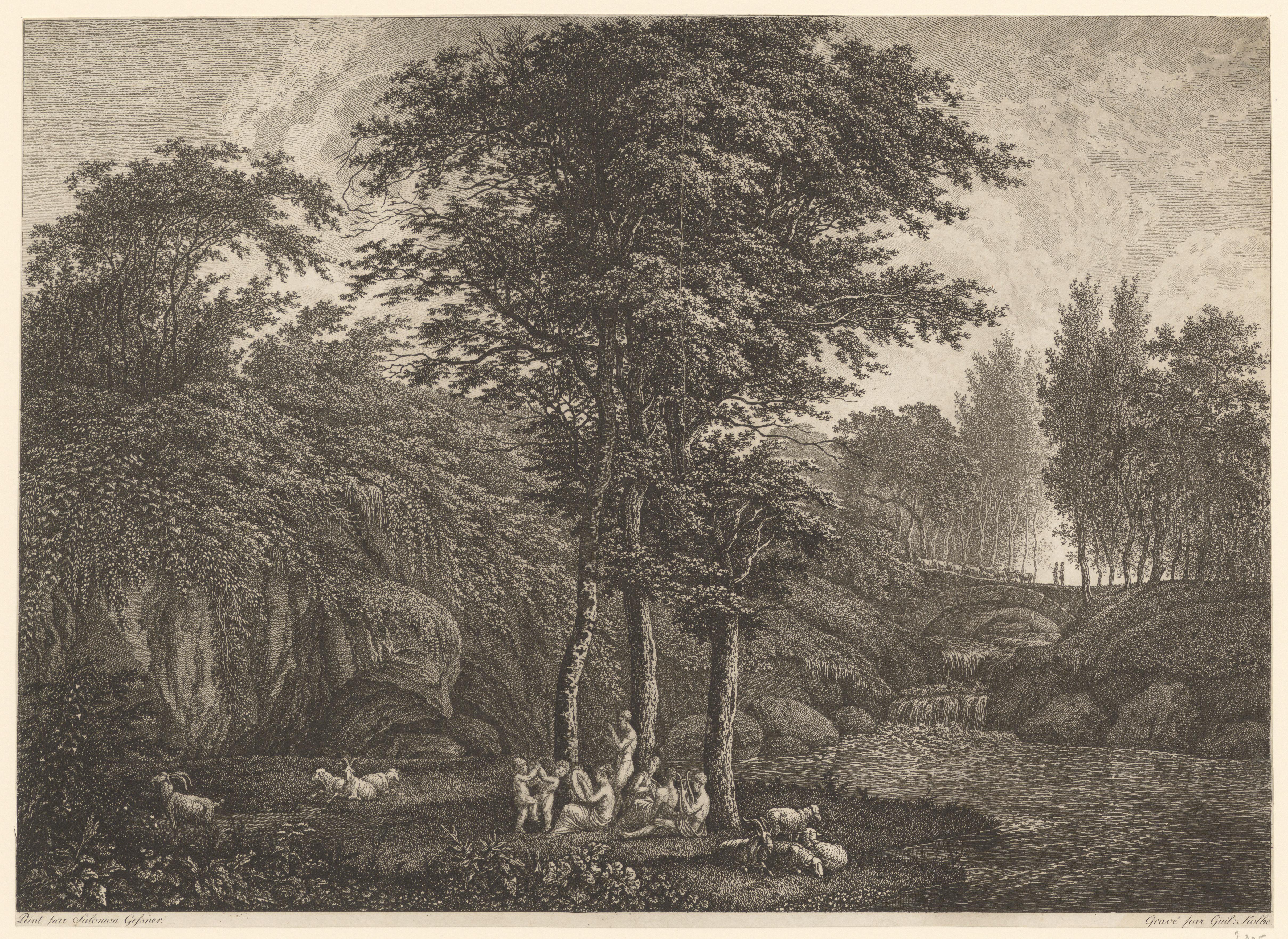 Rotachtig landschap met dansende en musicerende nimfen bij watervallen