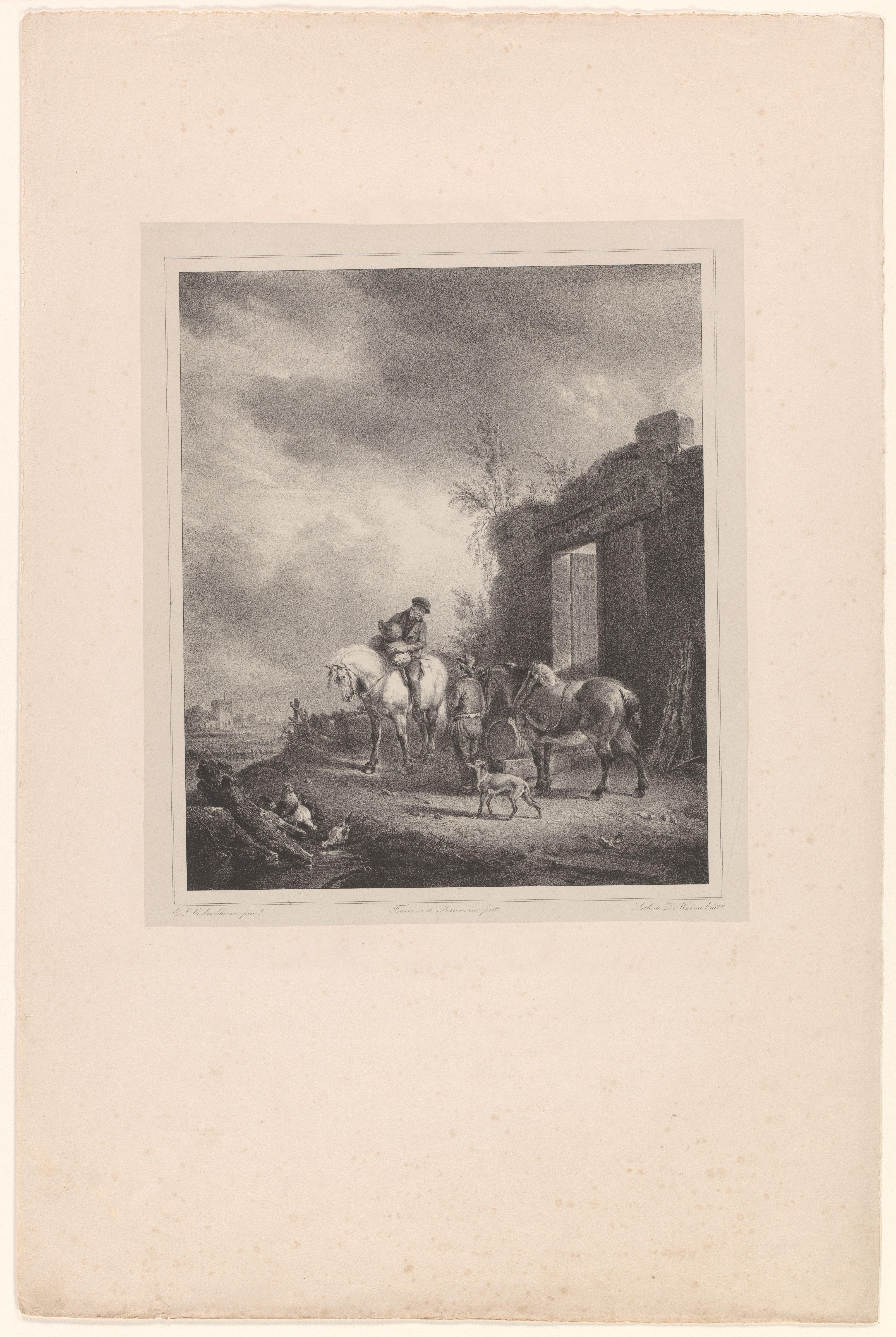 Landschap met twee mannen en paarden bij een poort