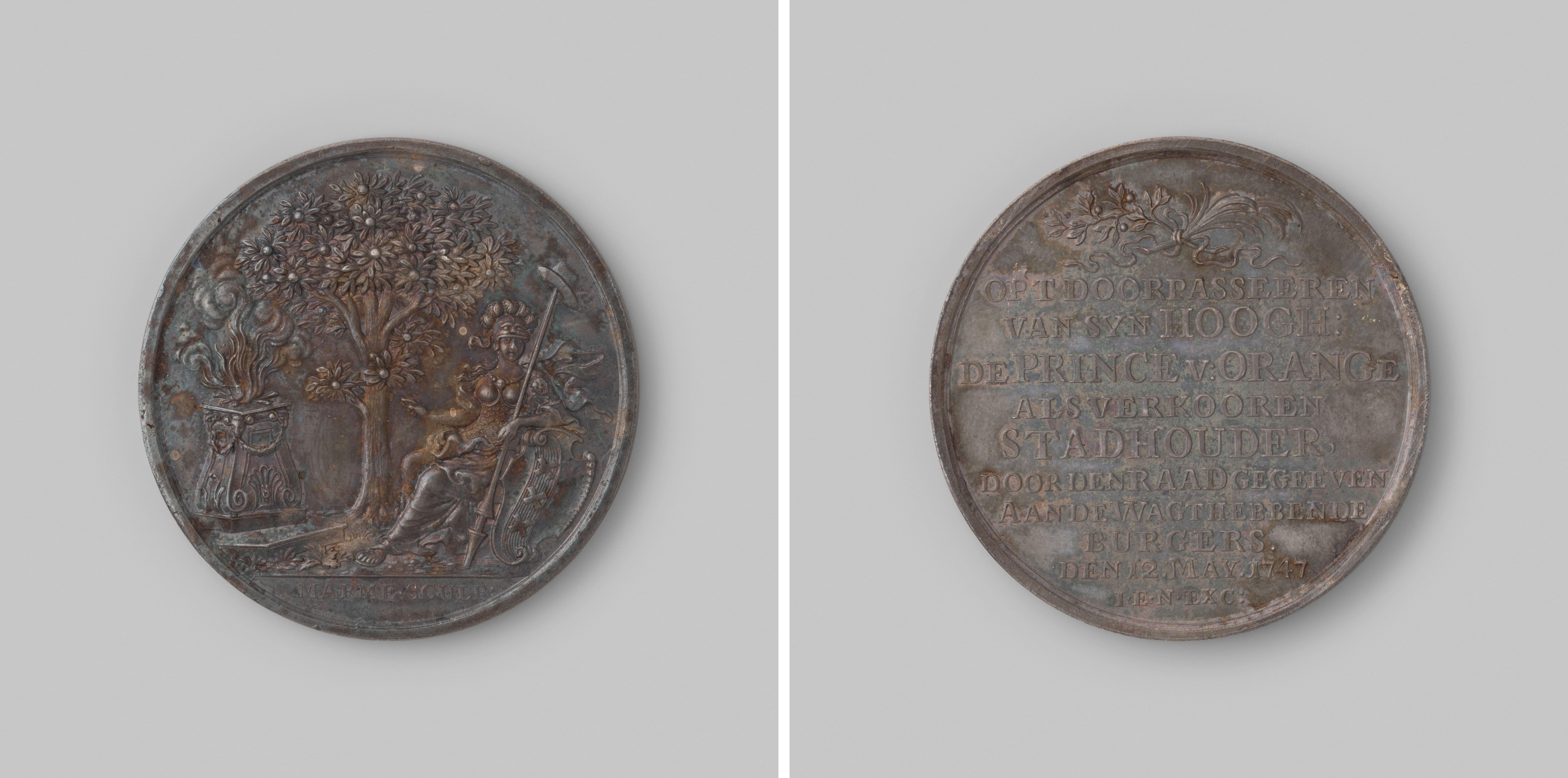 Gedenkpenning vereerd aan de wachthebbende burgers van Amsterdam, ter herinnering aan het verblijf van Prins Willem IV te Amsterdam op 11 en 12 mei