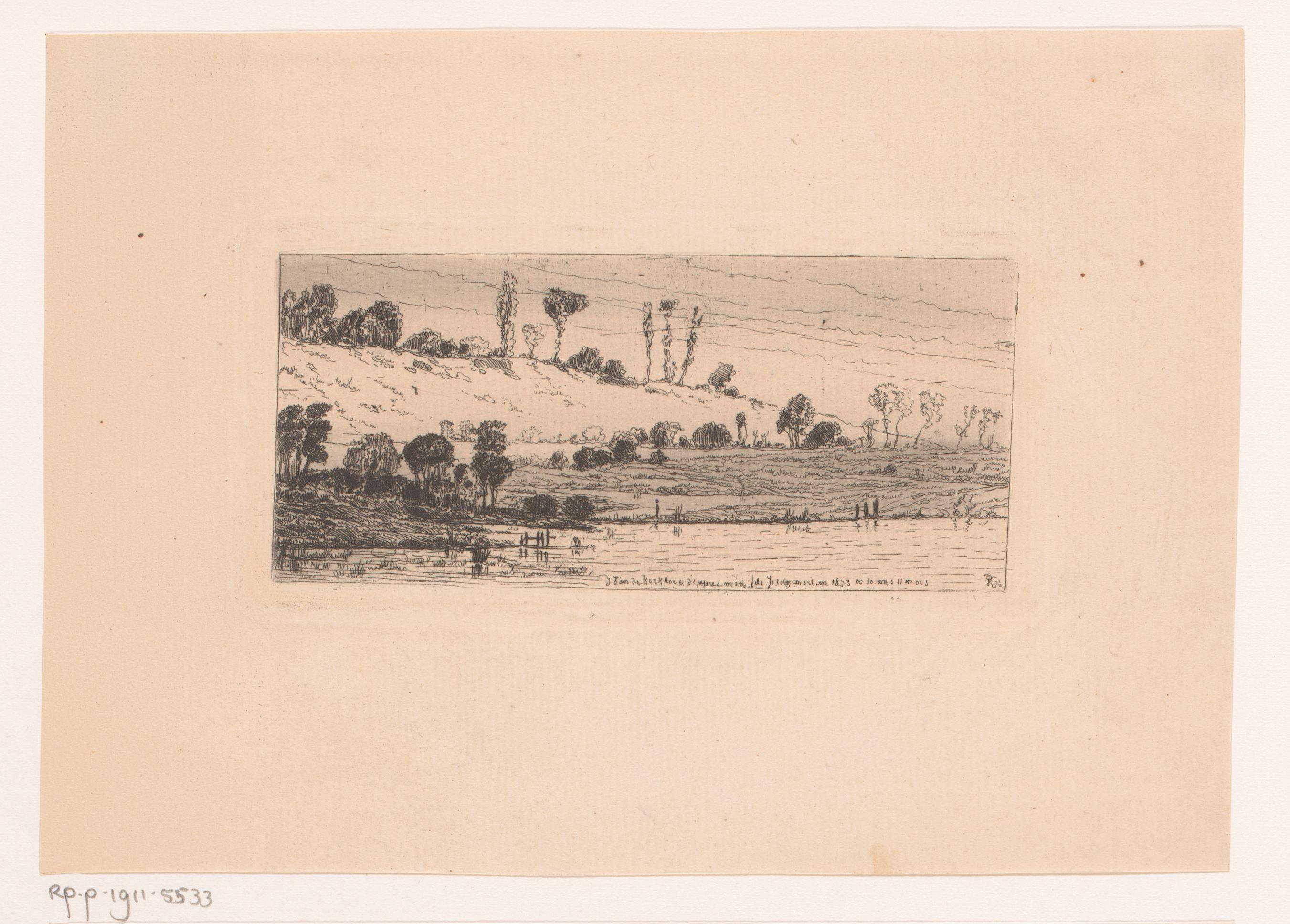 Landschap met bomenrijen achter een meer