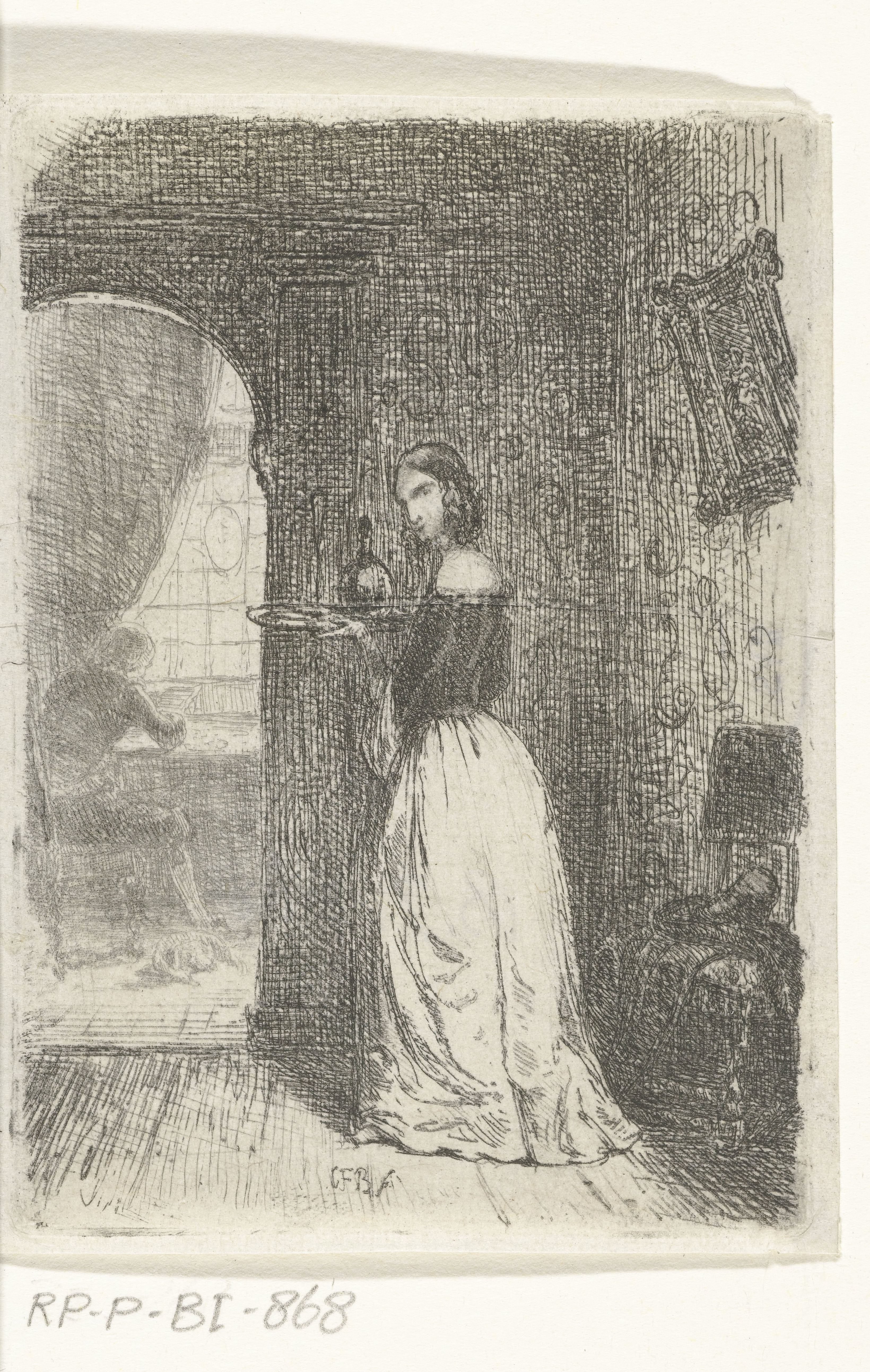Interieur met vrouw met dienblad en man aan tafel