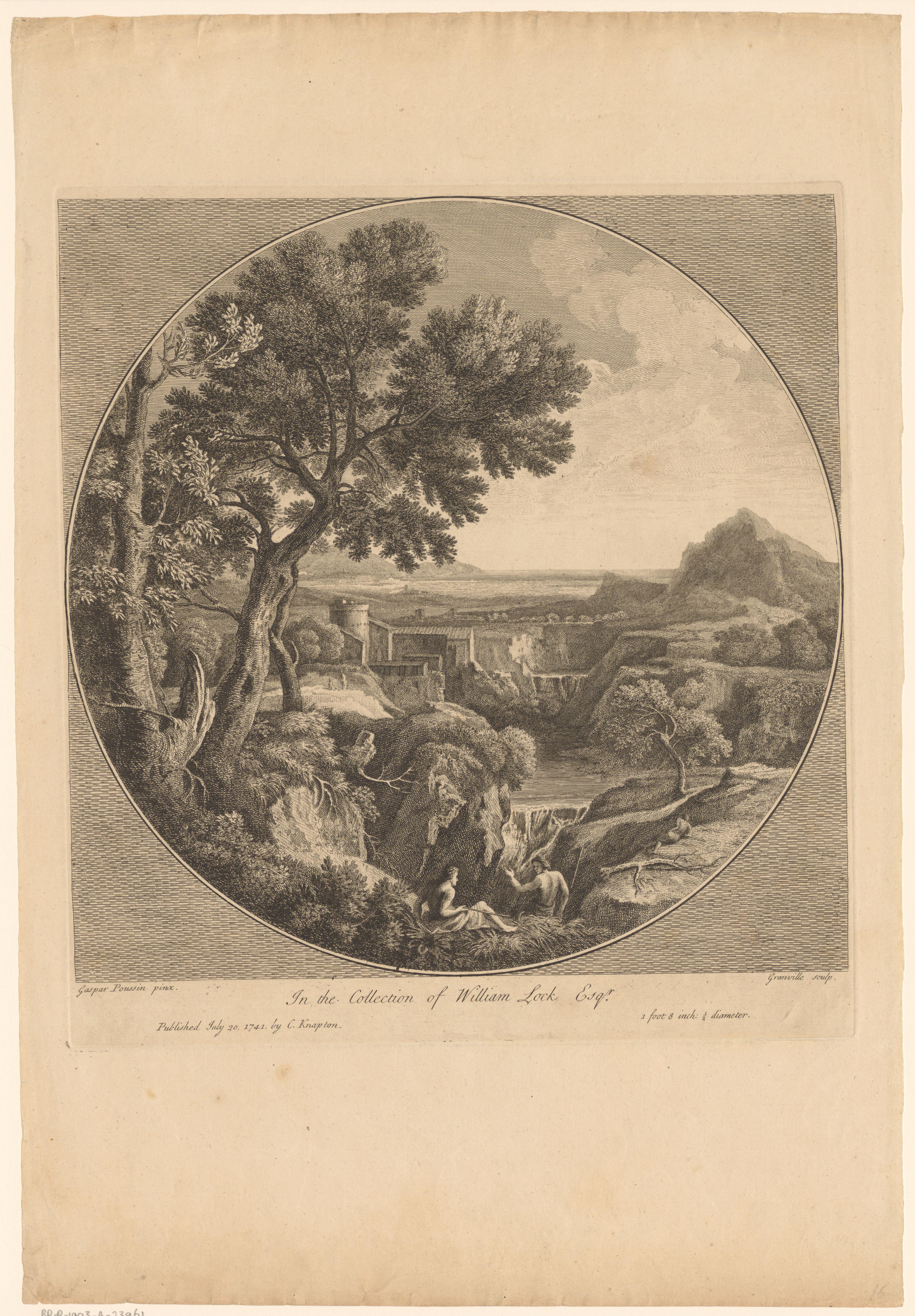 Heuvelachtig landschap met dorp en figuren aan de oever van een rivier