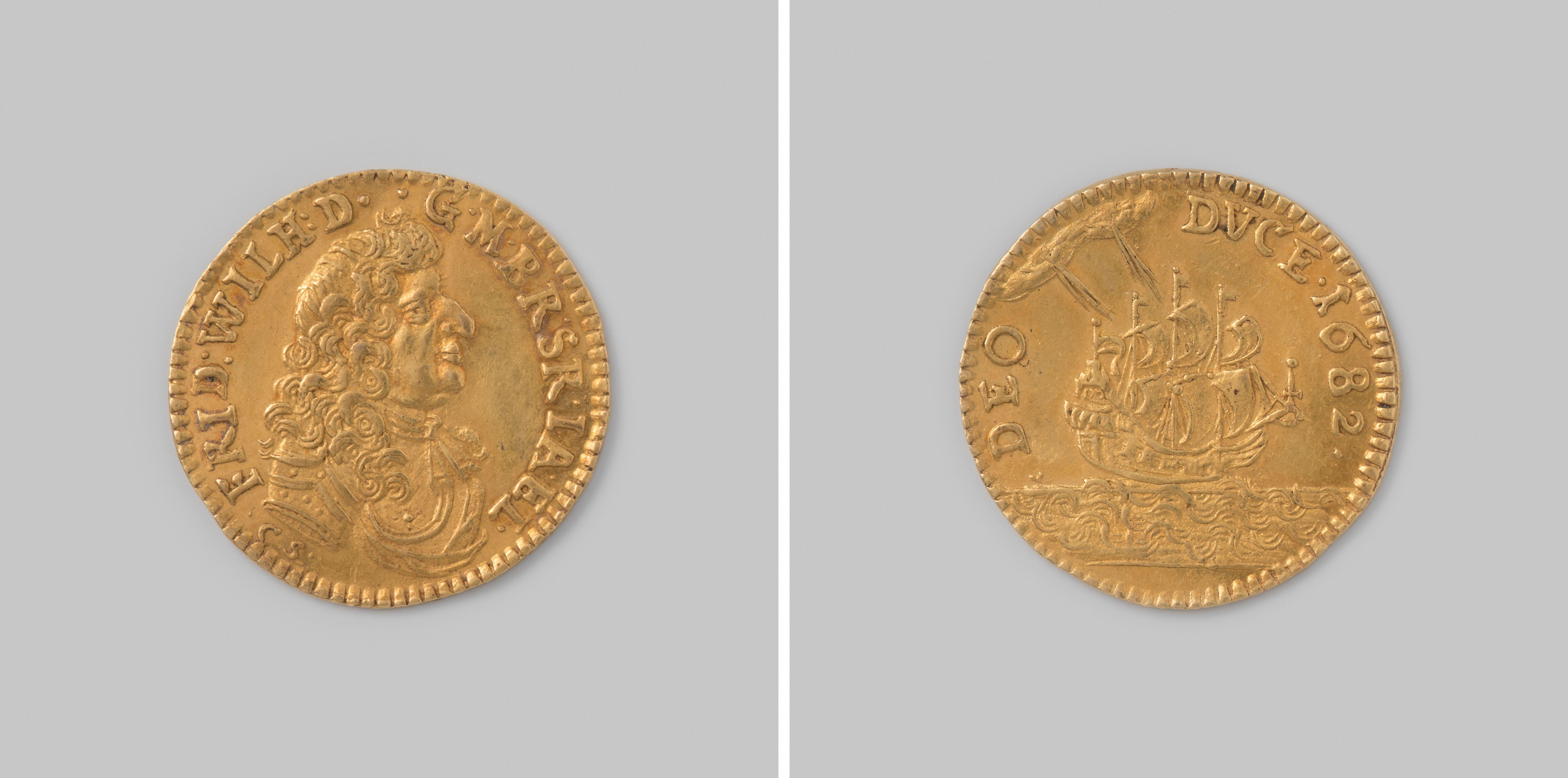 Dukaat uit Pruisen van markgraaf Friedrich Wilhelm van Brandenburg van goud uit de Goudkust (Guinea), 1682