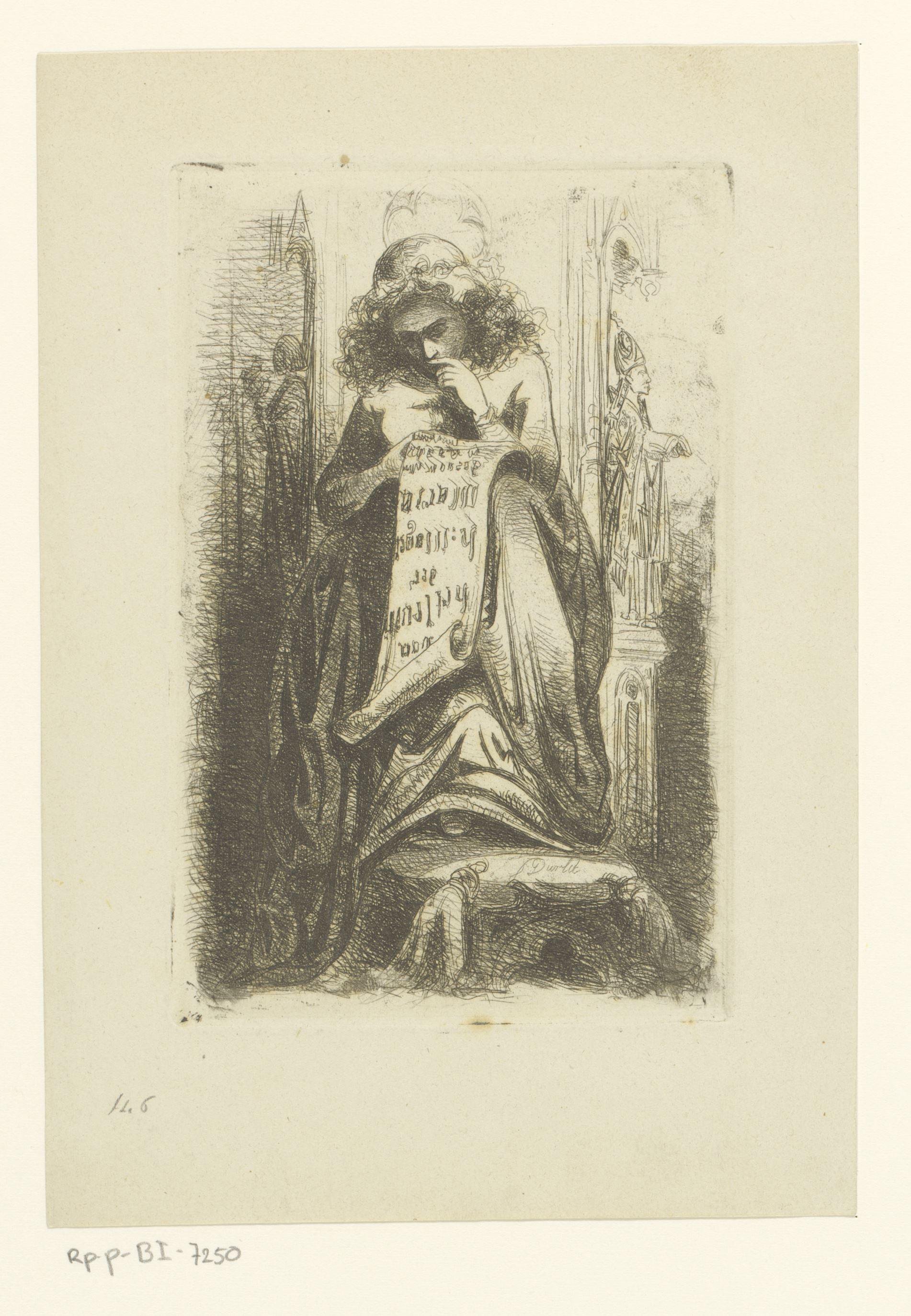 Vrouwenfiguur leest een banderol over het leven van Maria