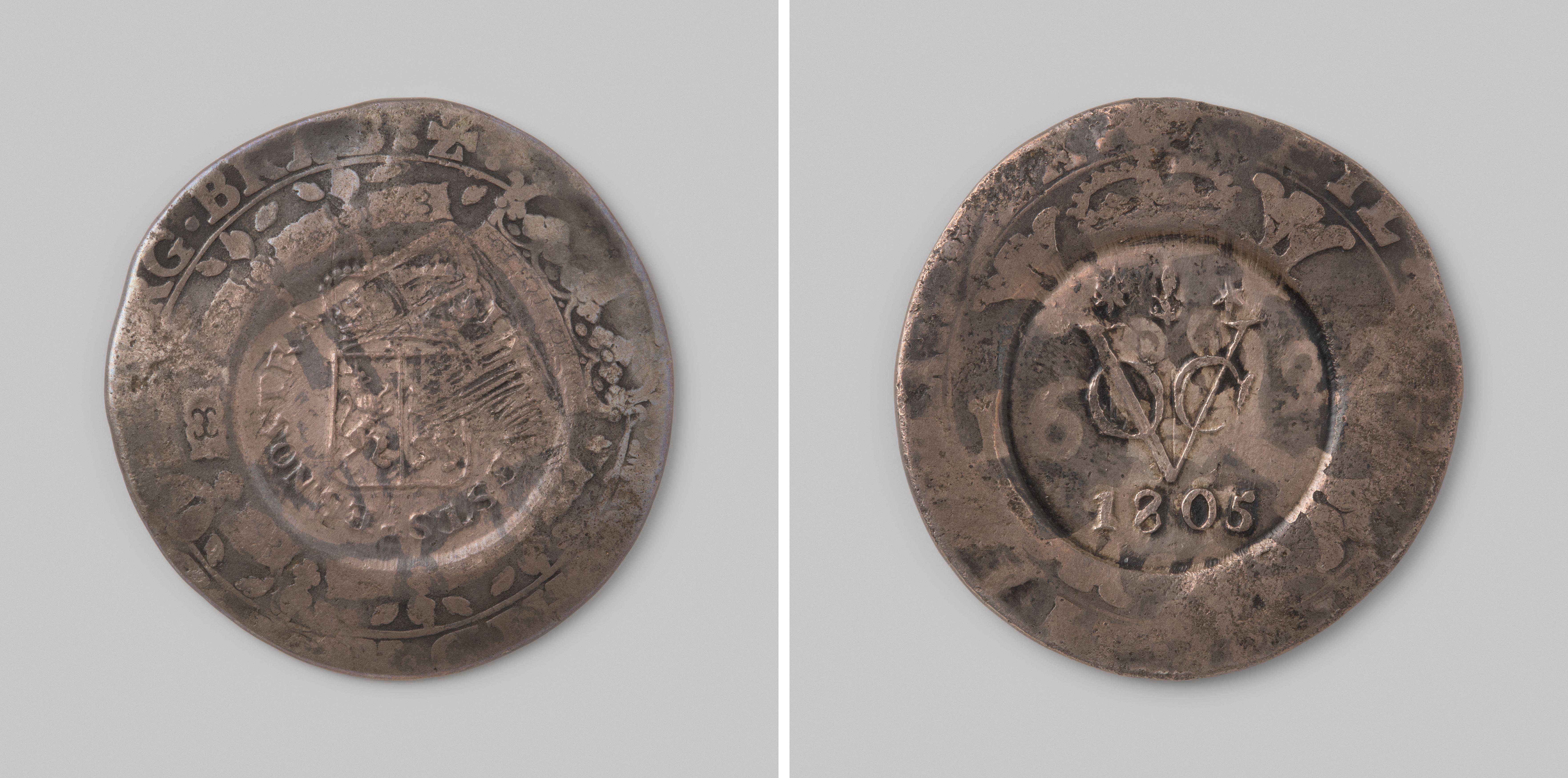 Afslag op zilveren Brabantse patagon uit 1622 van een duit voor Nederlands Indië uit Gelderland, 1805