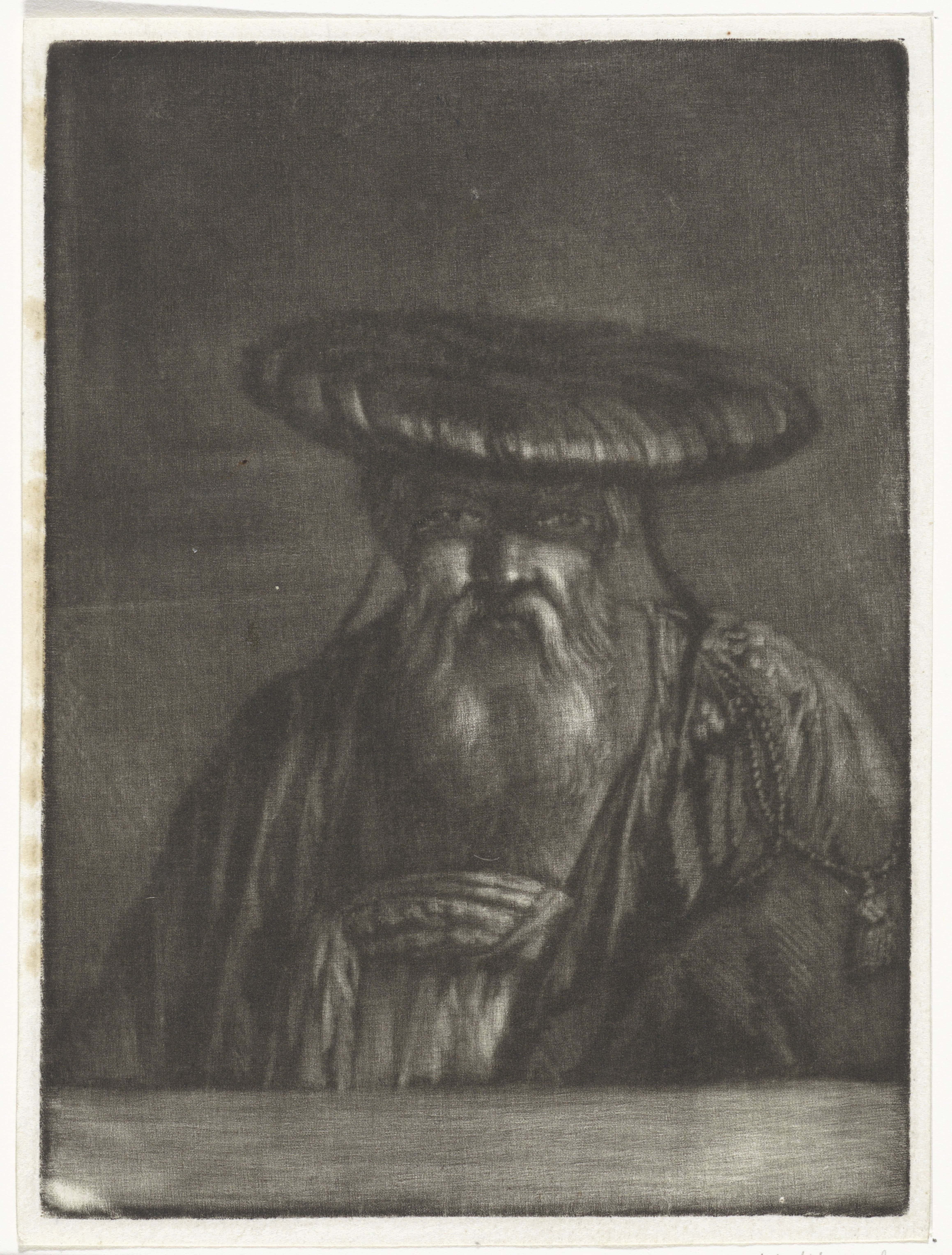 Portret van een oude man met een platte brede muts