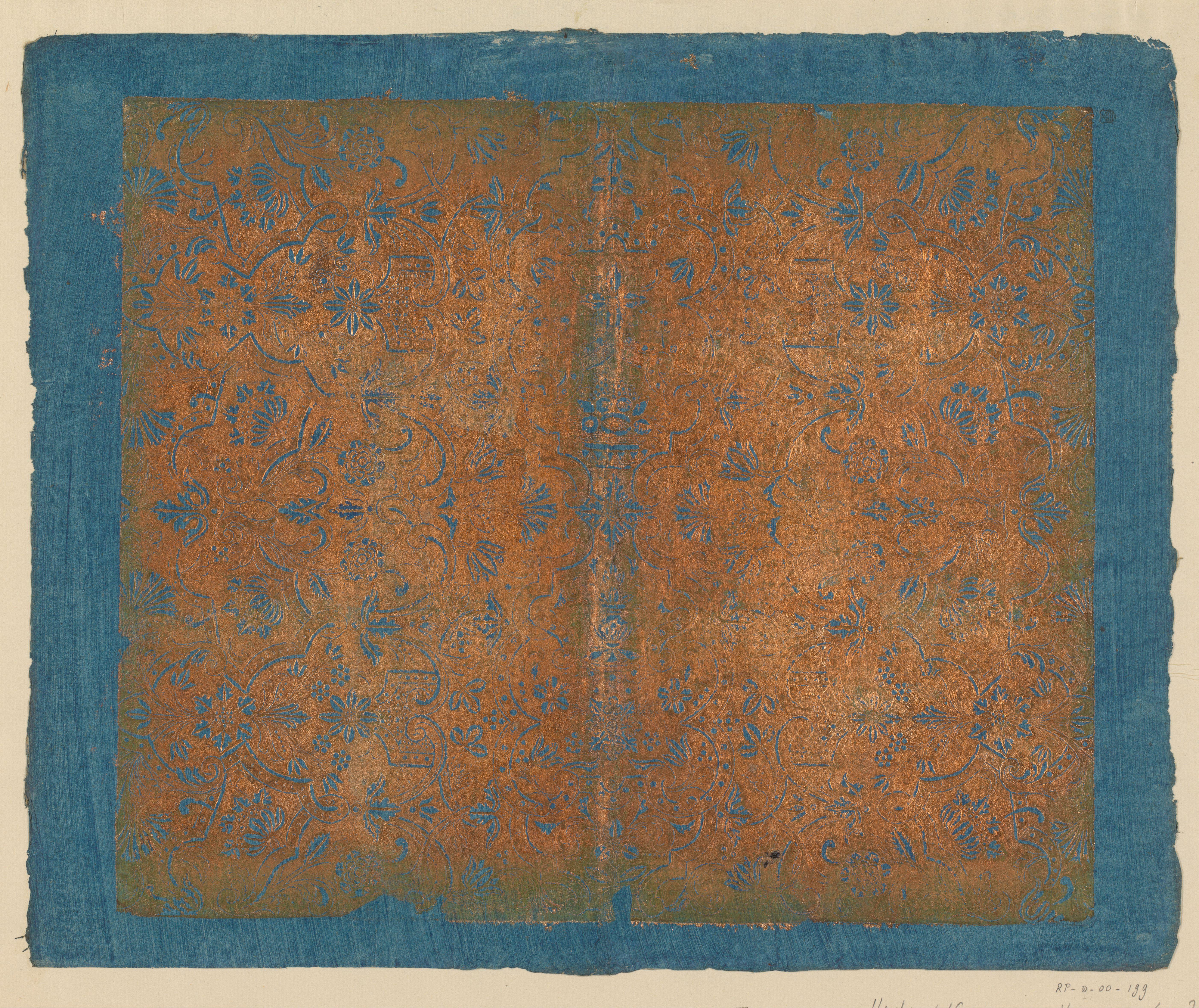 Blad met Lodewijk XIV-ornament, ranken met bloemen