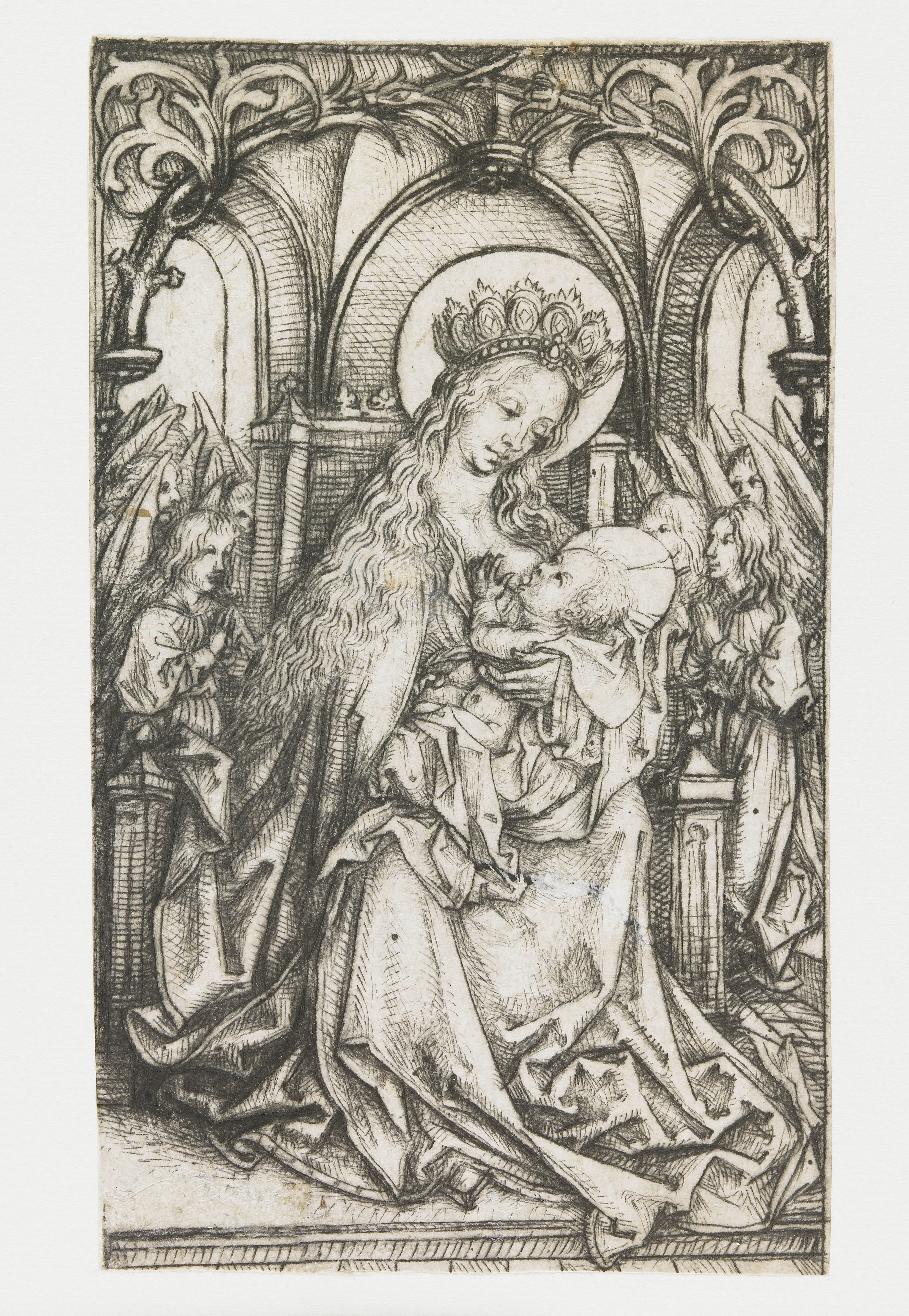 Tronende Madonna door engelen aanbeden