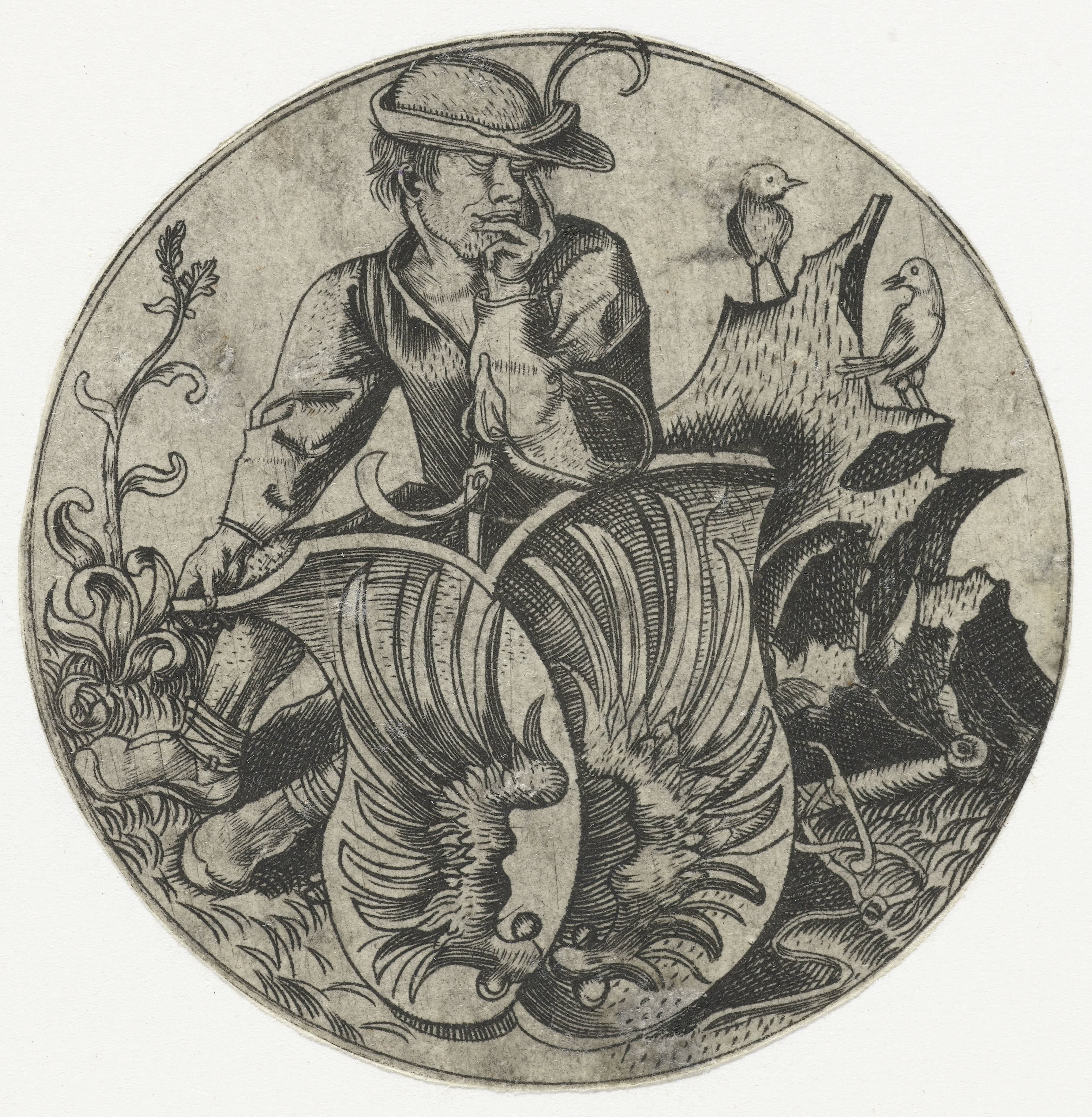 Wapenschild met vleugels, vastgehouden door een boer