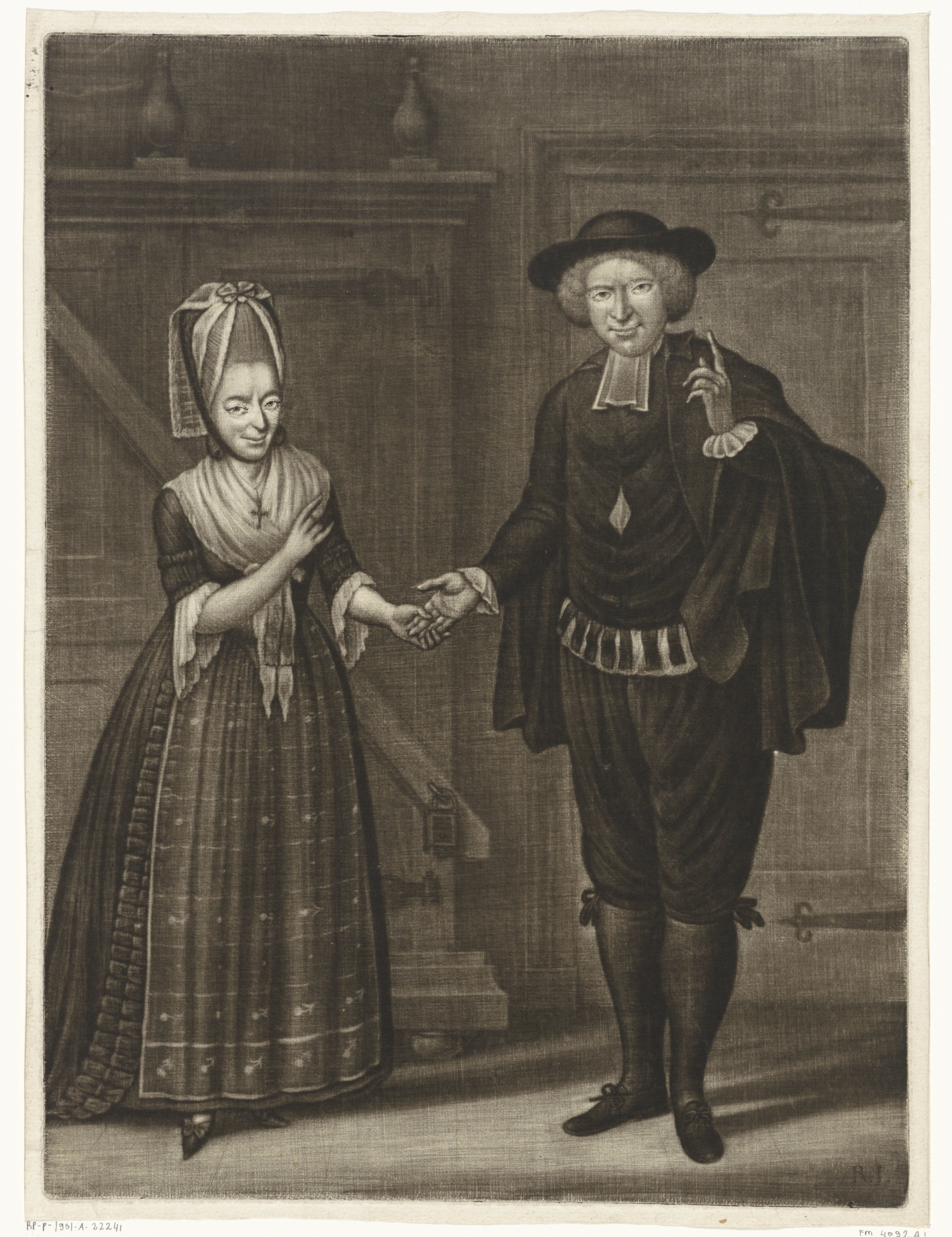 Portret van Maria Elisabeth Ghijben en Anthony Angemeer als Fransijn en Govart in het toneelstuk De vrek
