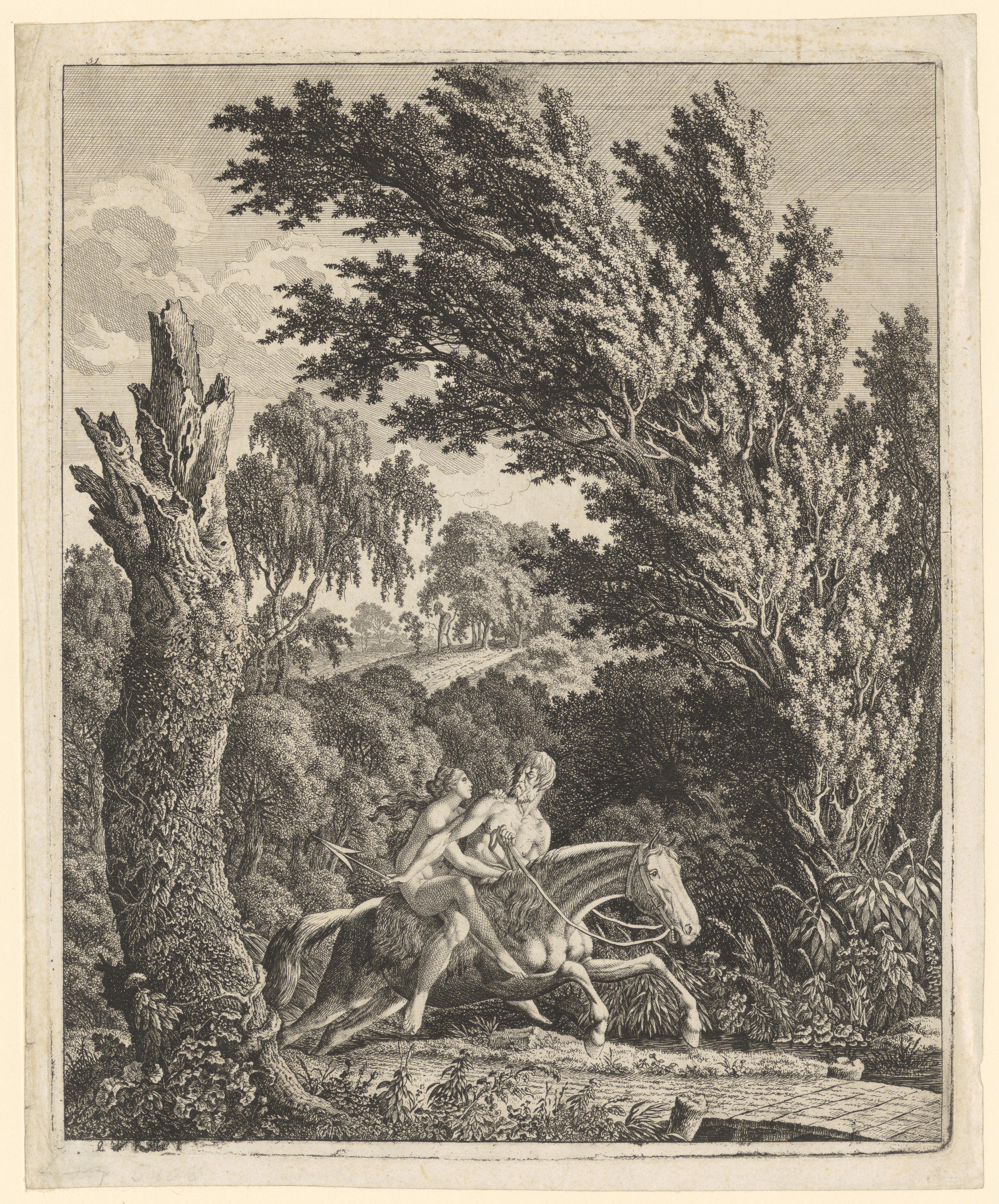 Landschap met man en vrouw op een paard