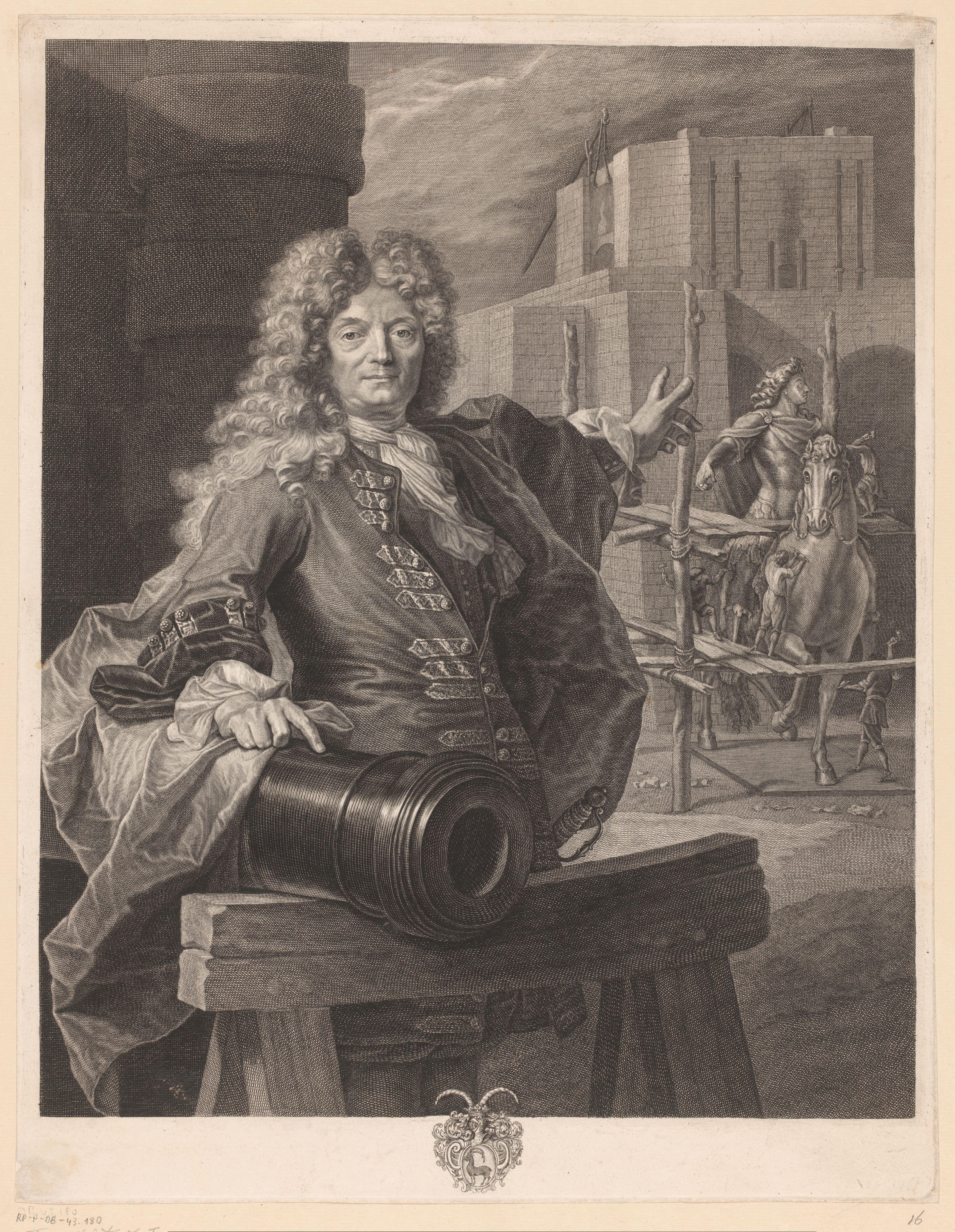 Portret van Jean-Balthazar Keller aan een kanon, wijzend naar een ruiterstandbeeld van Lodewijk XIV van Frankrijk