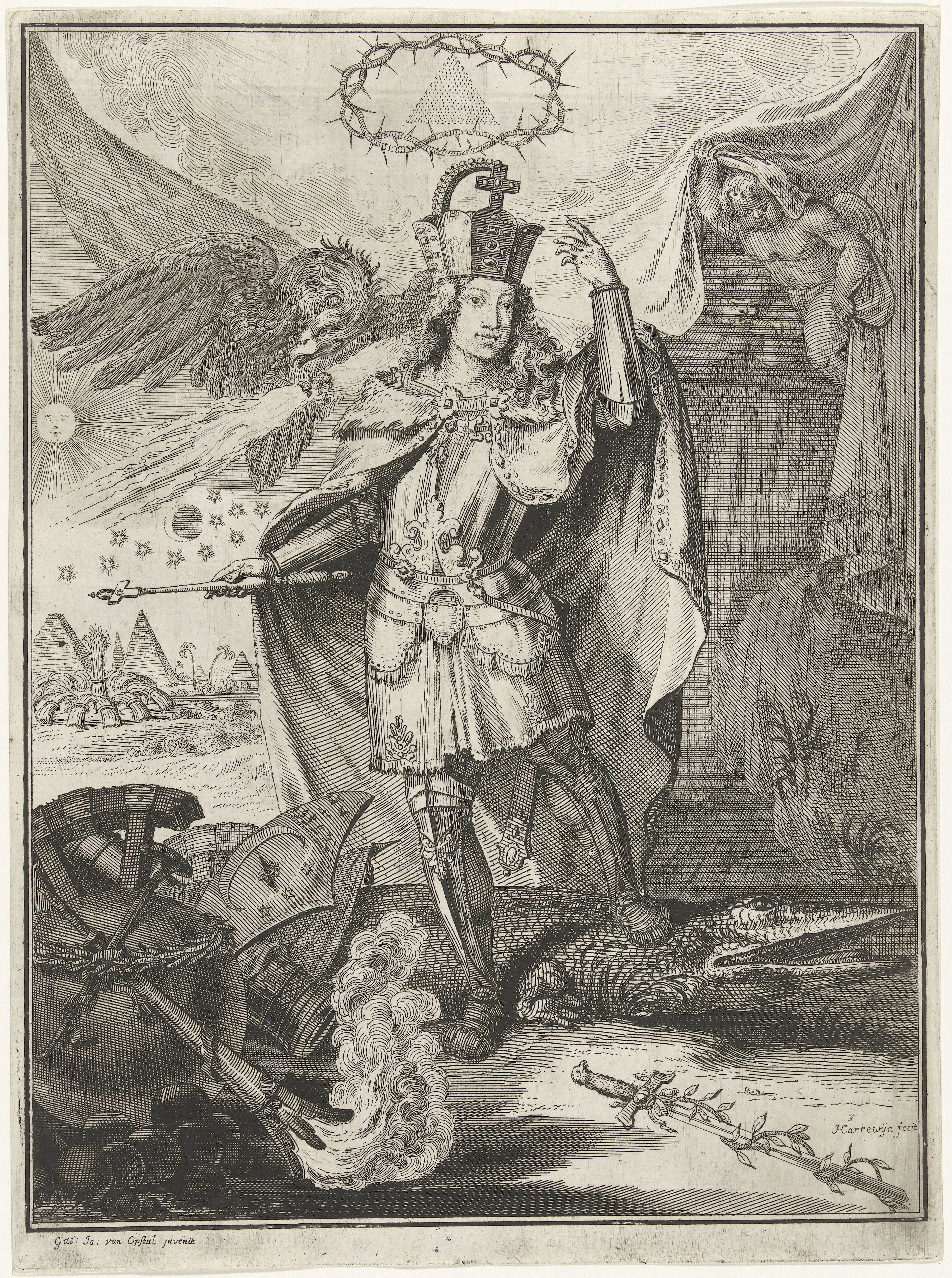 Figuur in harnas met kroon en scepter