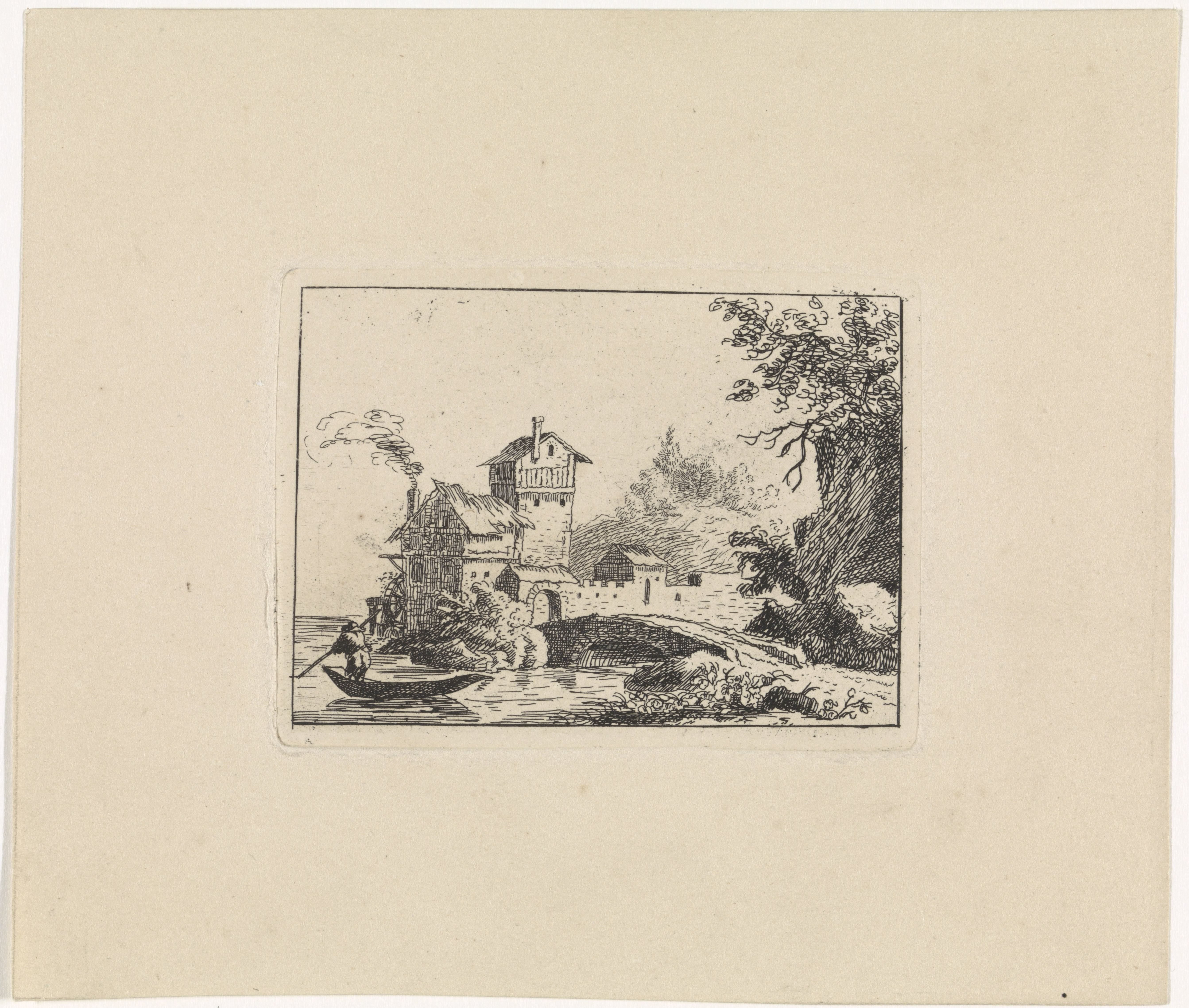 Landschap met een dorp aan het water