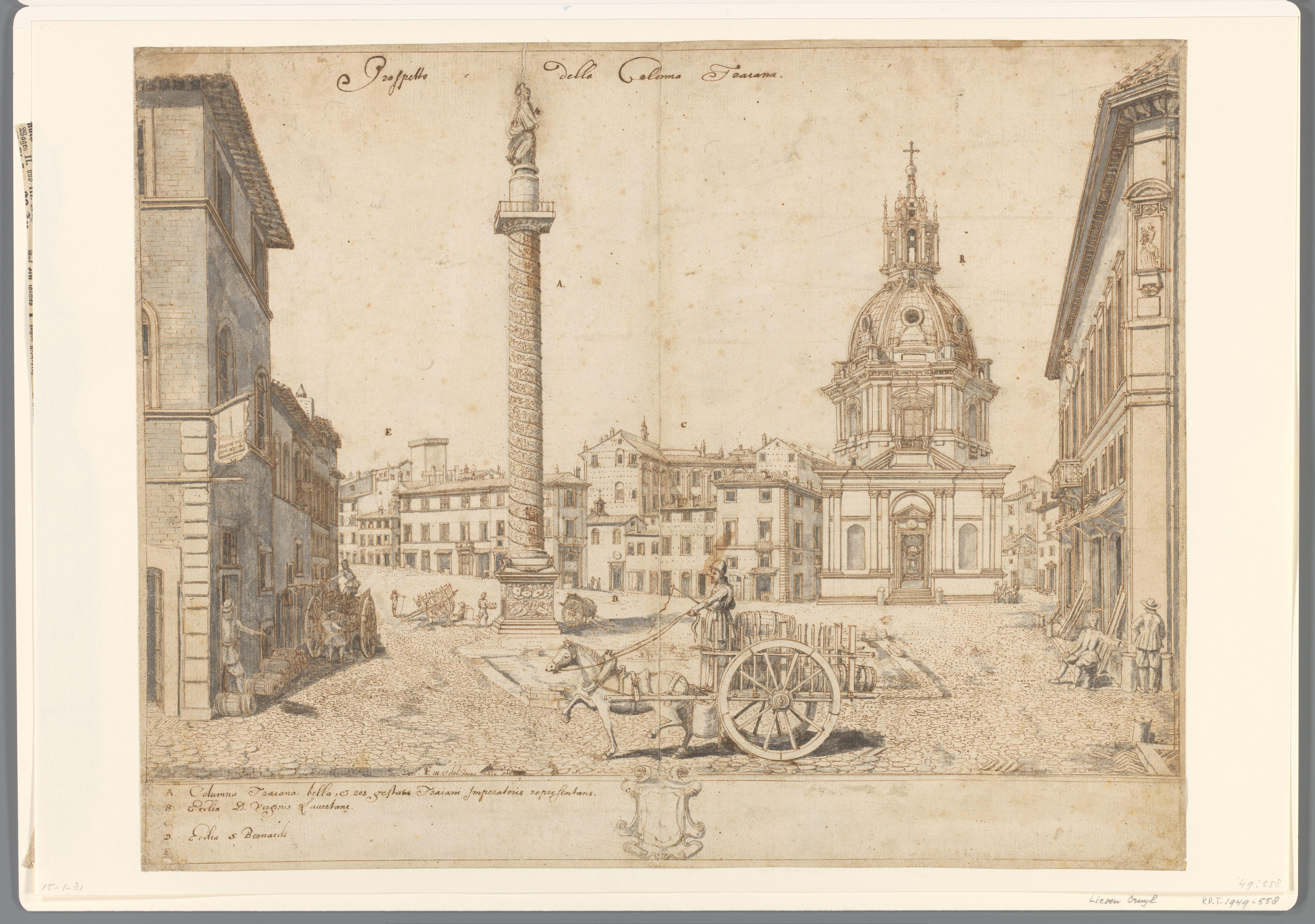 Gezicht te Rome met de zuil van Trajanus en de S. Maria di Loreto