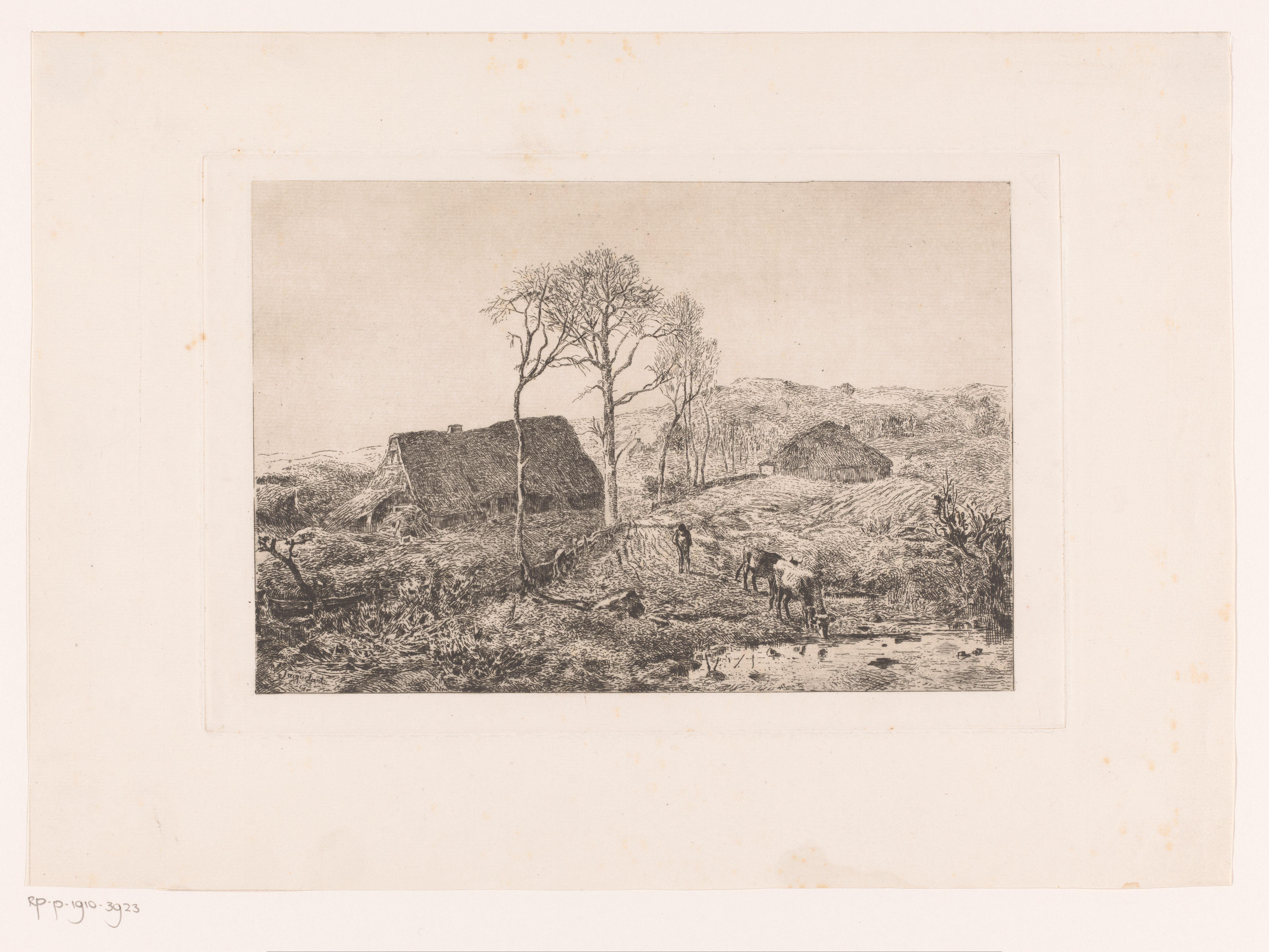 Drinkende koe in een landschap met boerderijen